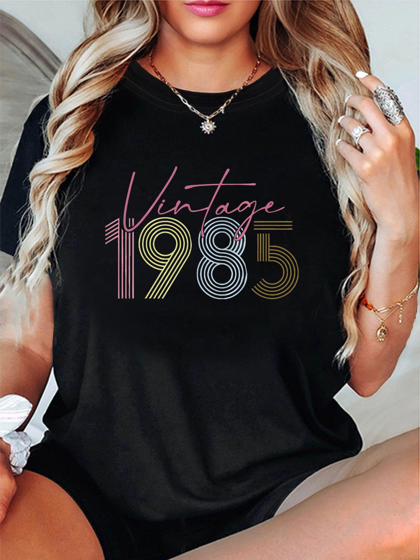 Tailorly Women's Printed Tee - Retro Style With Colorful Lined Digits Vintage Year Number