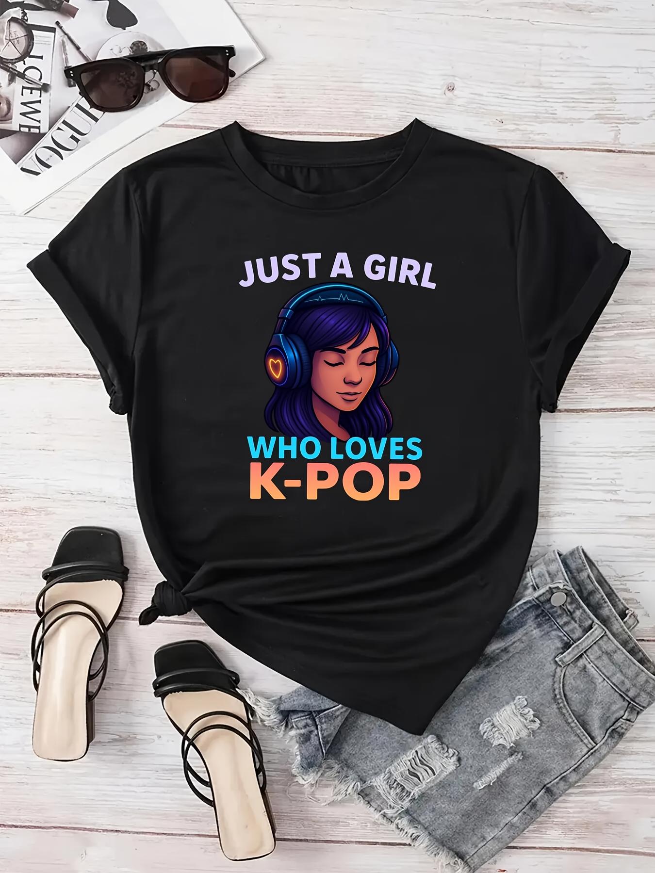 Tailorly Women's Printed Tee - Just A Girl With Headphones Listening To Colorful Music Kpop