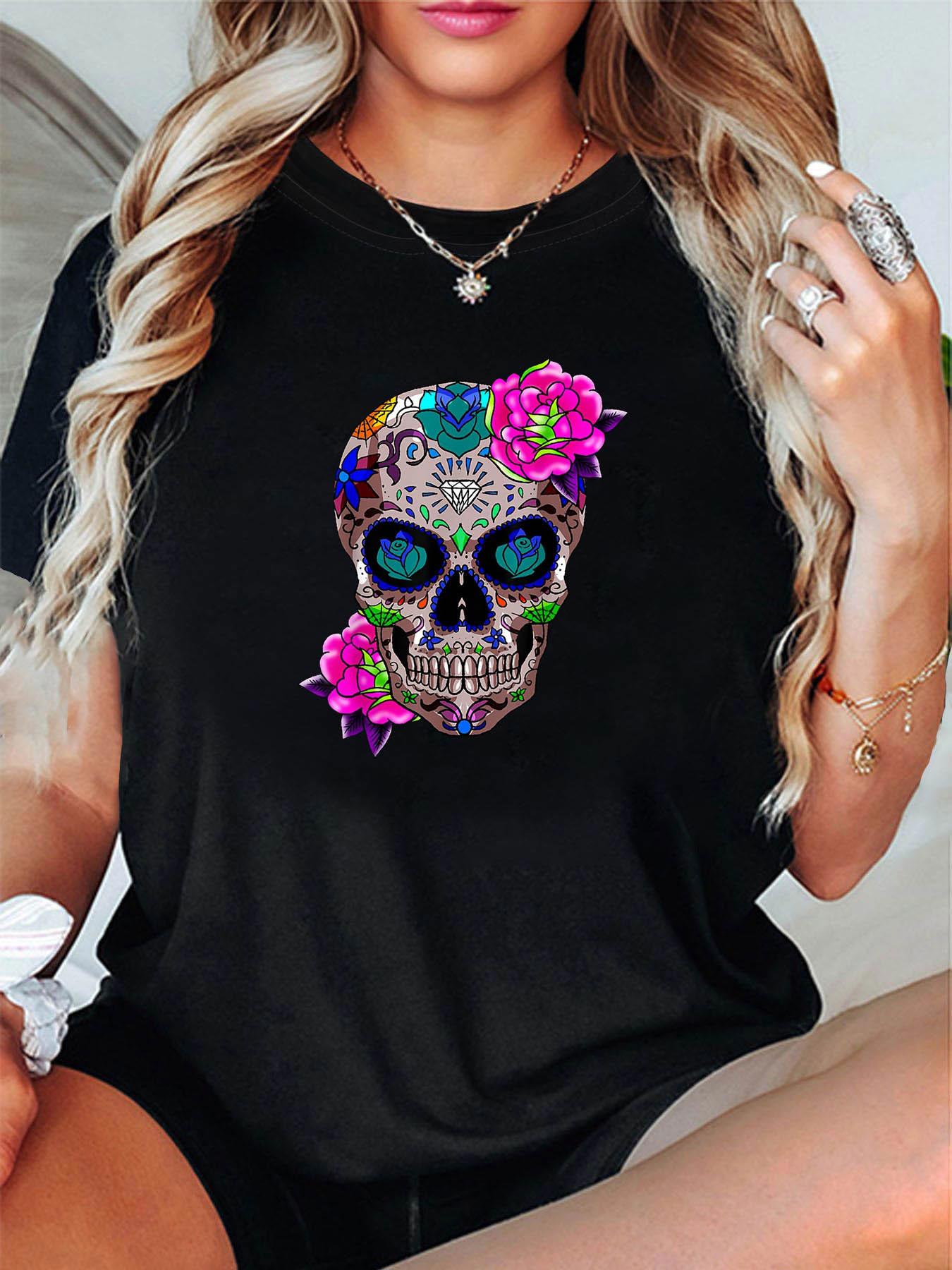 Tailorly Women's Printed Tee - Vivid Floral Ornaments With Colorful Patterns Embellishing Decorative Skull