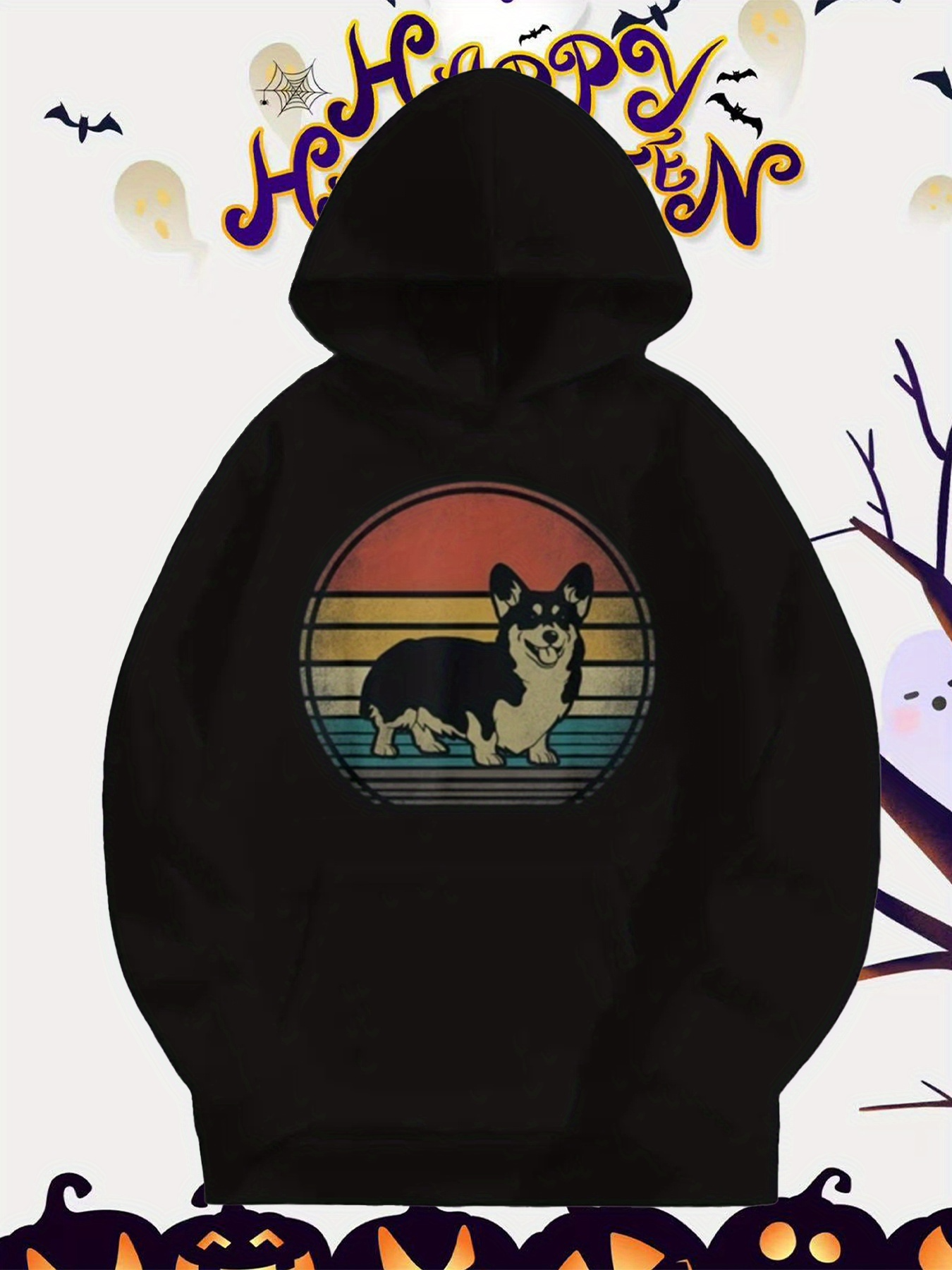 Tailorly Men's Printed Hoodie - Vintage Sunset Stripes In Retro Colors With Happy Corgi Dog