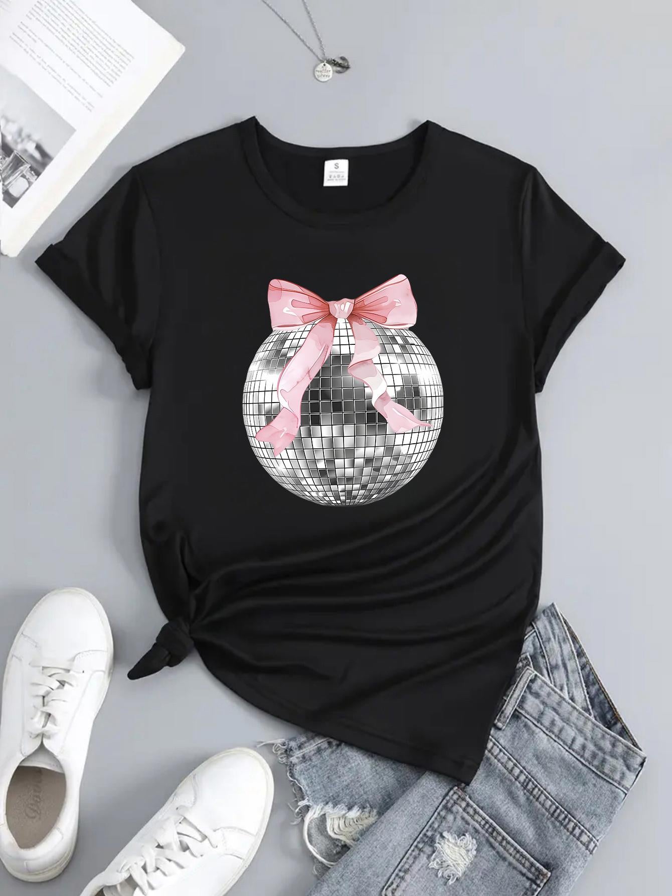 Tailorly Women's Printed Tee - Glistening Reflections With Pink Ribbon Adorning Disco Ball