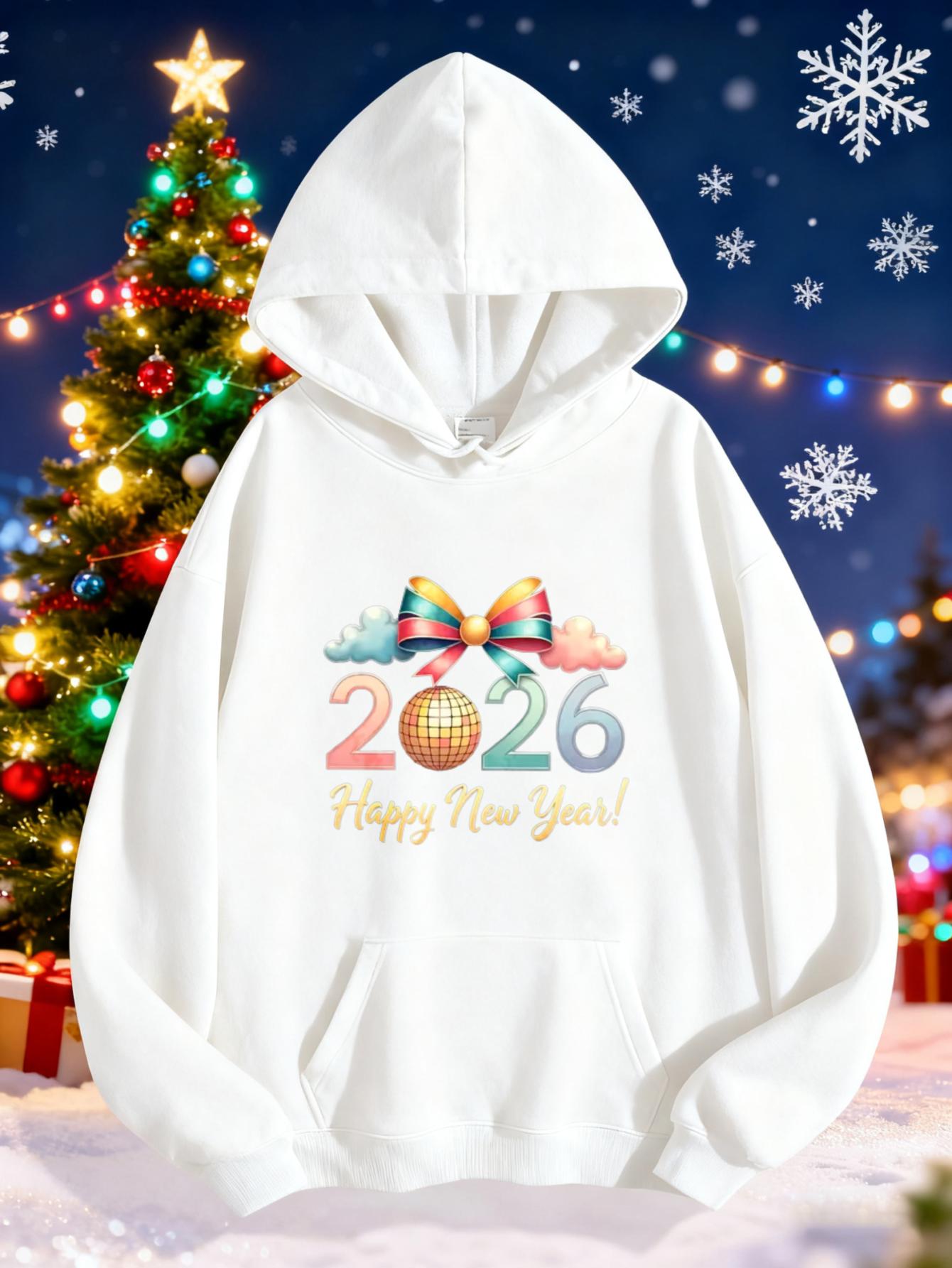 Tailorly Women's Printed Hoodie - Happy New Year Colorful Bow With Sparkling Ornaments And Festive Decorations Hoodie