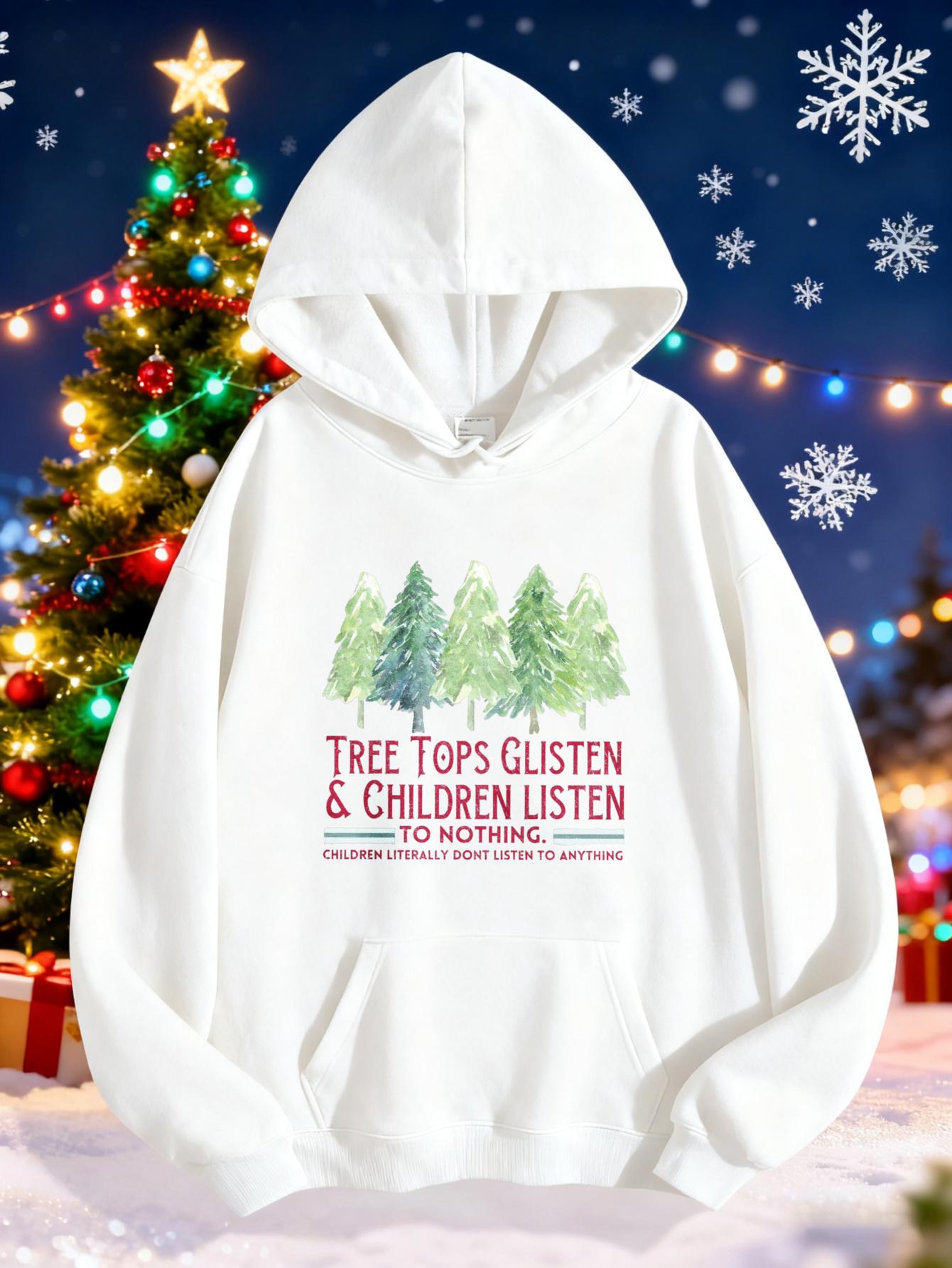 Tailorly Women's Printed Hoodie - Tree Tops Glisten Snowy Forest With Winter Pine Trees Sparkling Background Hoodie