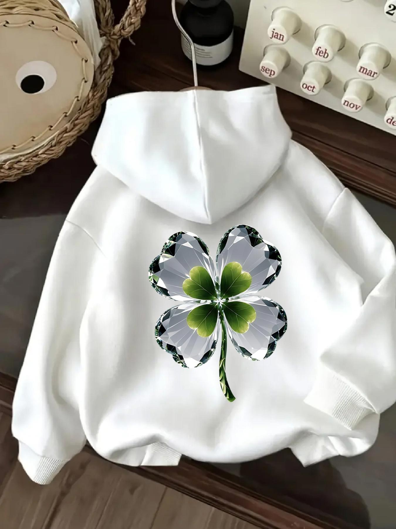 Tailorly Women's Printed Hoodie - Bright Fresh Green Pattern With Glistening Morning Drops Four Leaf Clover