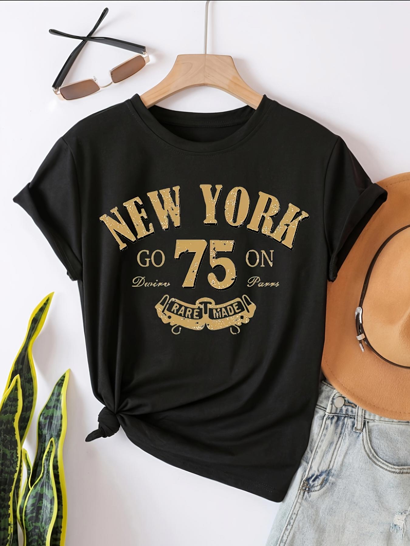 Tailorly Women's Printed Tee - New York Vintage Number With Decorative Golden Typography Shirt