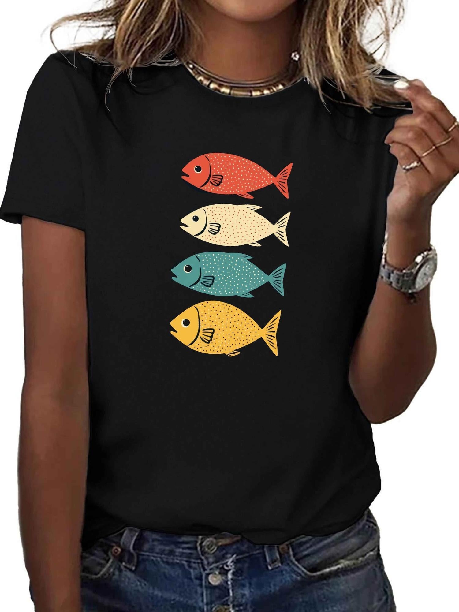 Tailorly Women's Printed Tee - Vintage Rainbow Colored Patterned Graphic Fish Design Fish