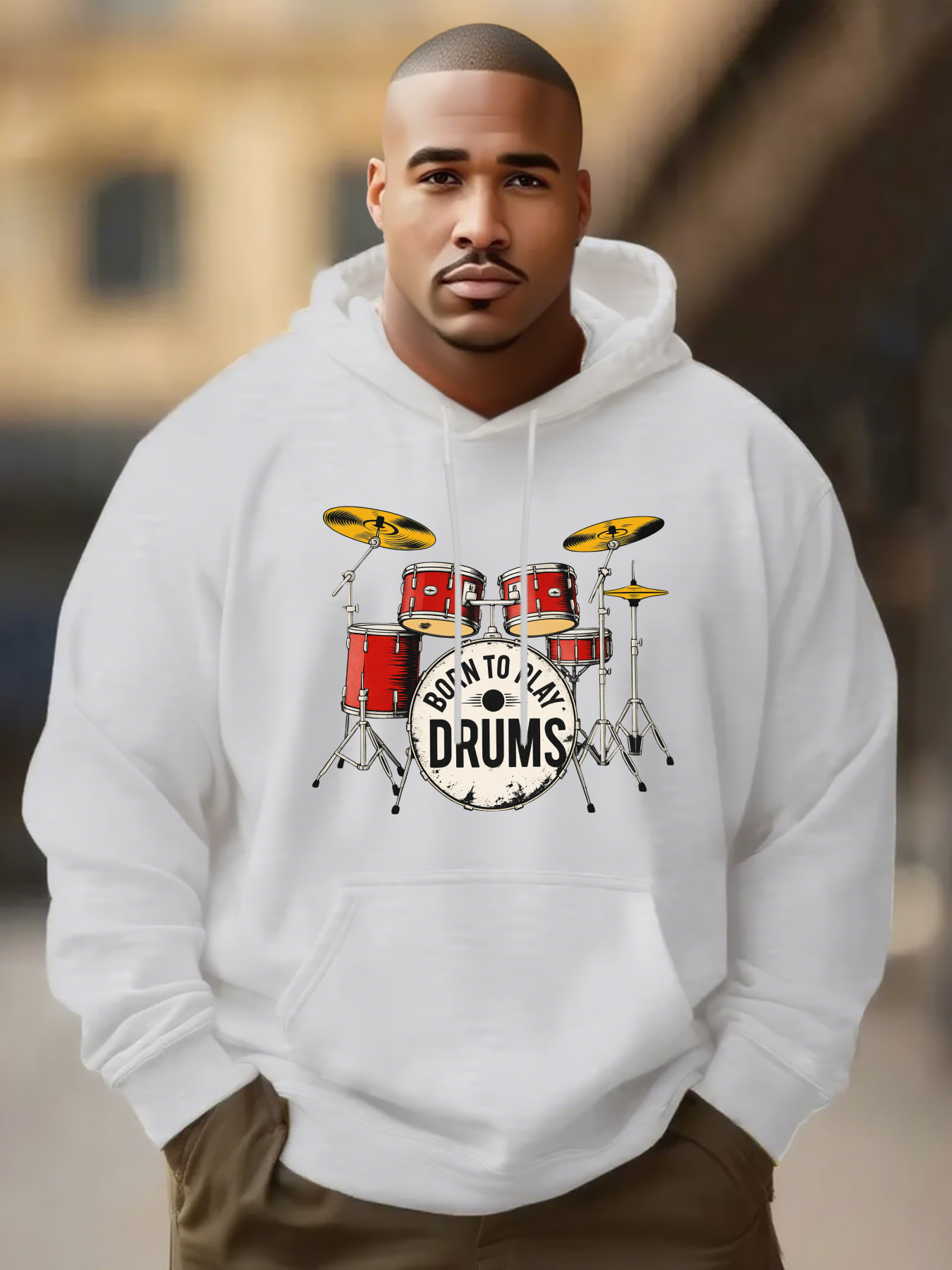 Tailorly Men's Printed Hoodie - Born To Play Drums Colorful Cymbals Under Vibrant Stage Lights Drum Set