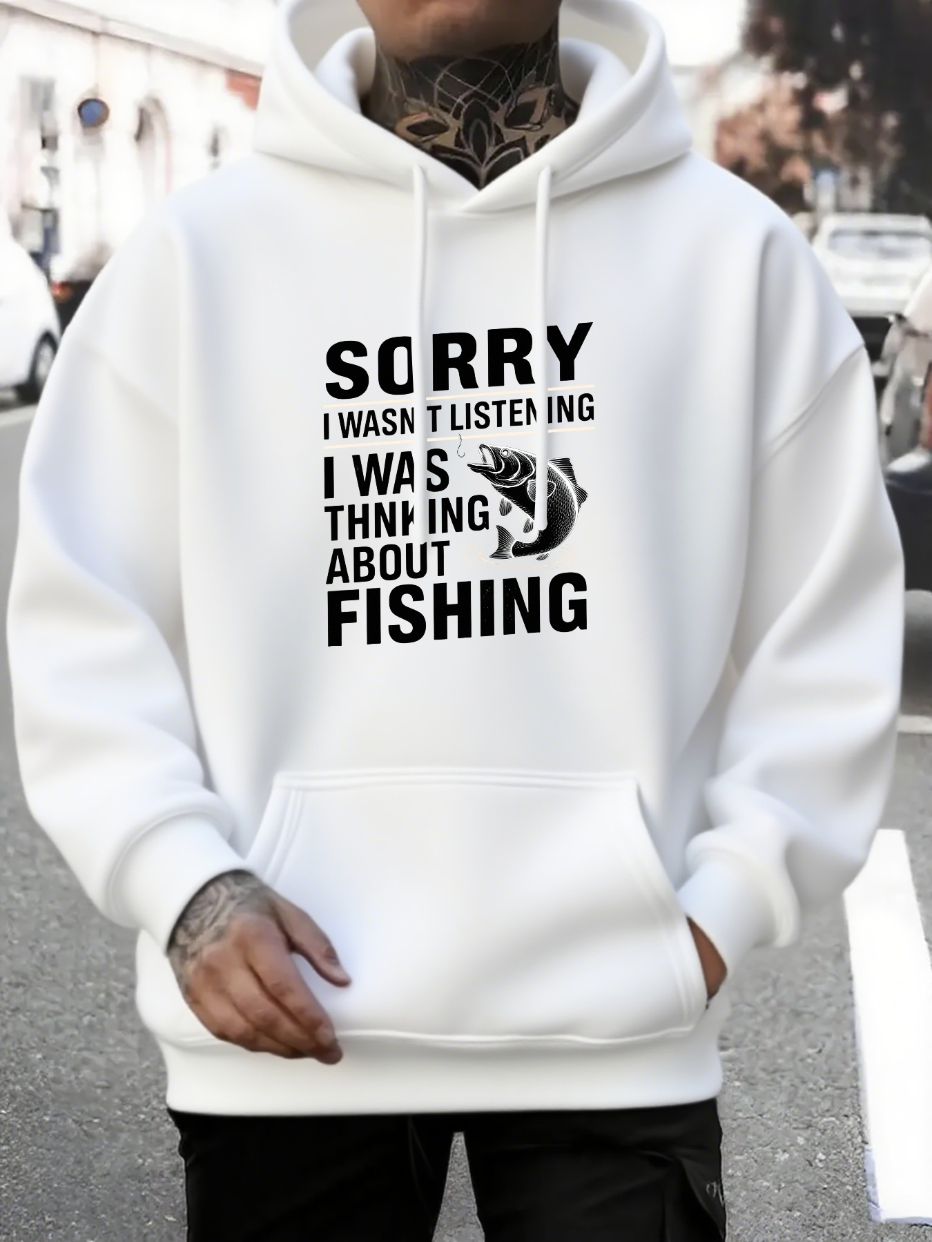 Tailorly Men's Printed Hoodie - Sorry I Wasnt Listening I Was Thinking About Fishing With Hook And Leaping Fish