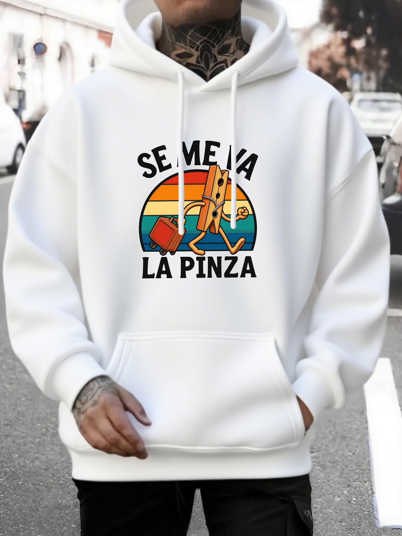 Tailorly Men's Printed Hoodie - Vintage Colorful Sunset Graphic With Walking Cartoon Pizza Slice