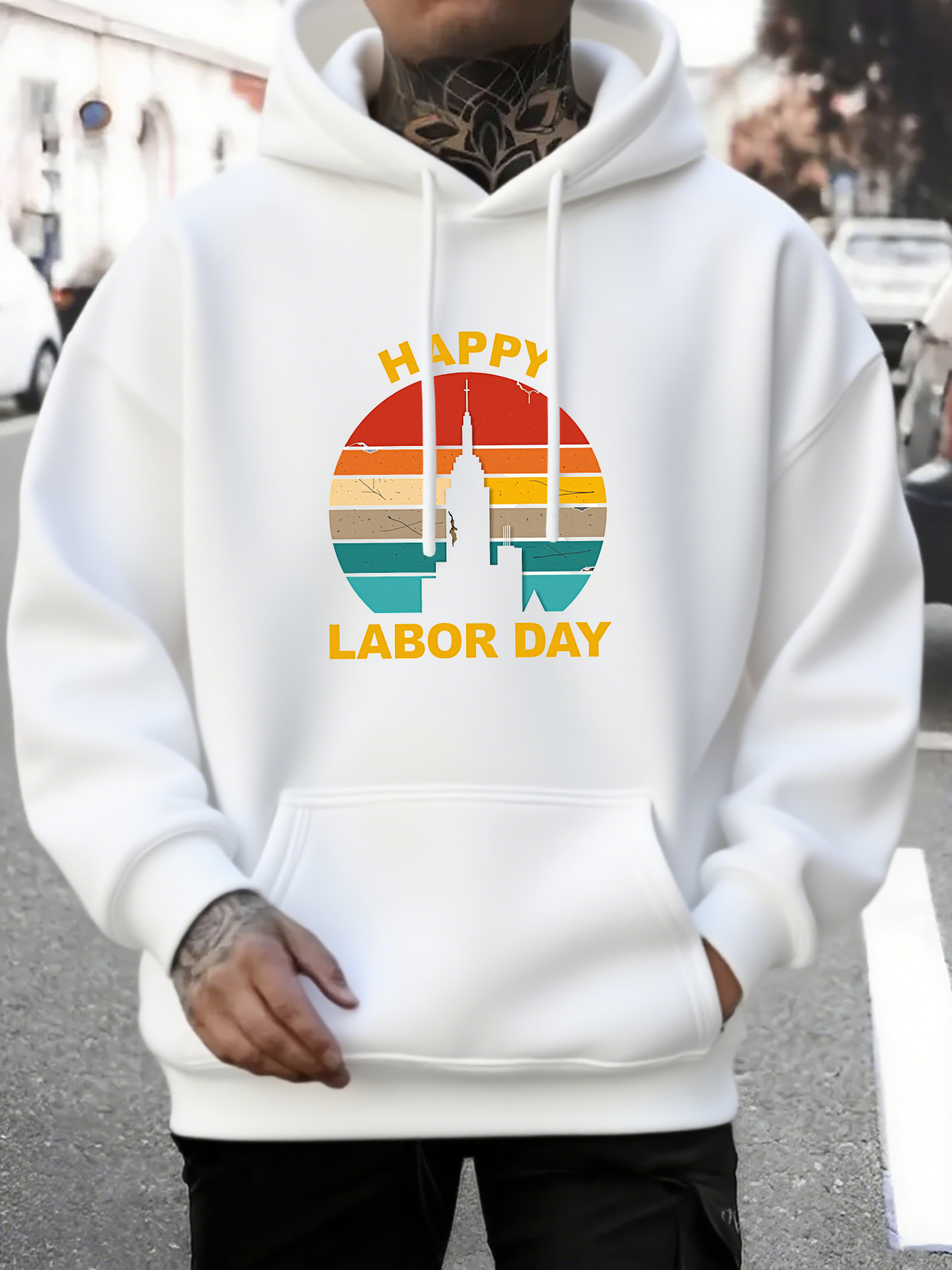 Tailorly Men's Printed Hoodie - Happy Labor Day Sunset Silhouette With Vintage Retro Colored City Skyline