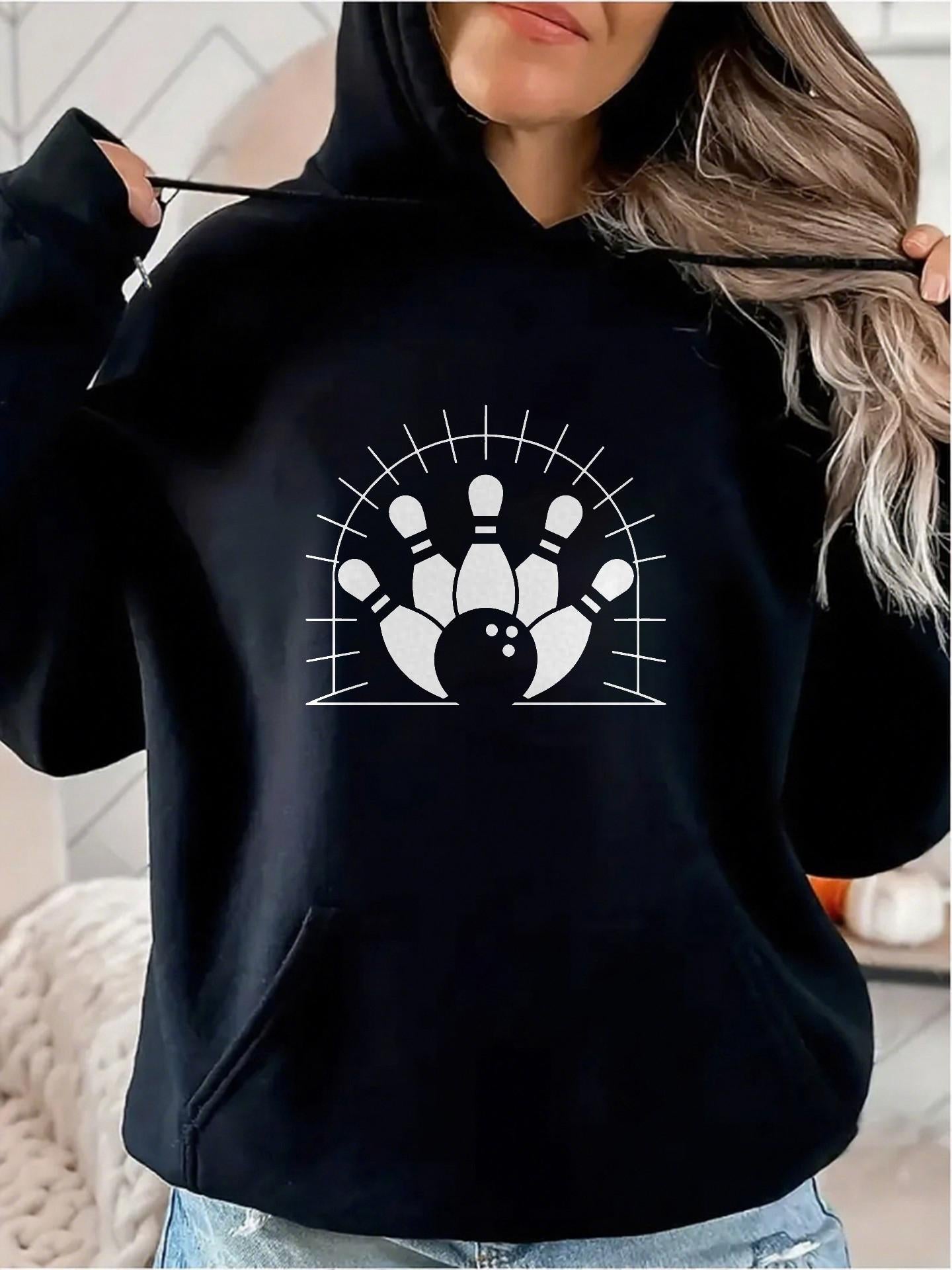 Tailorly Women's Printed Hoodie - Radiant Lines With Bowling Ball Striking Ten Pins