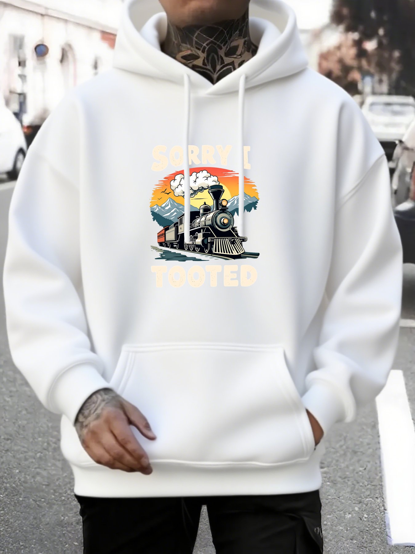 Tailorly Men's Printed Hoodie - Colorful Sunset Landscape With Mountains And Cloud Behind Vintage Train