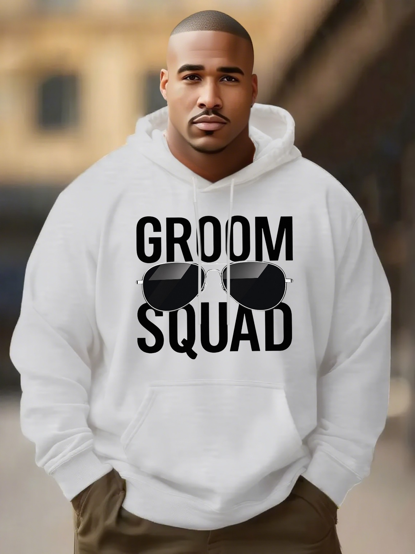 Tailorly Men's Printed Hoodie - Groom Squad With Sunglasses Illustration White Hoodie