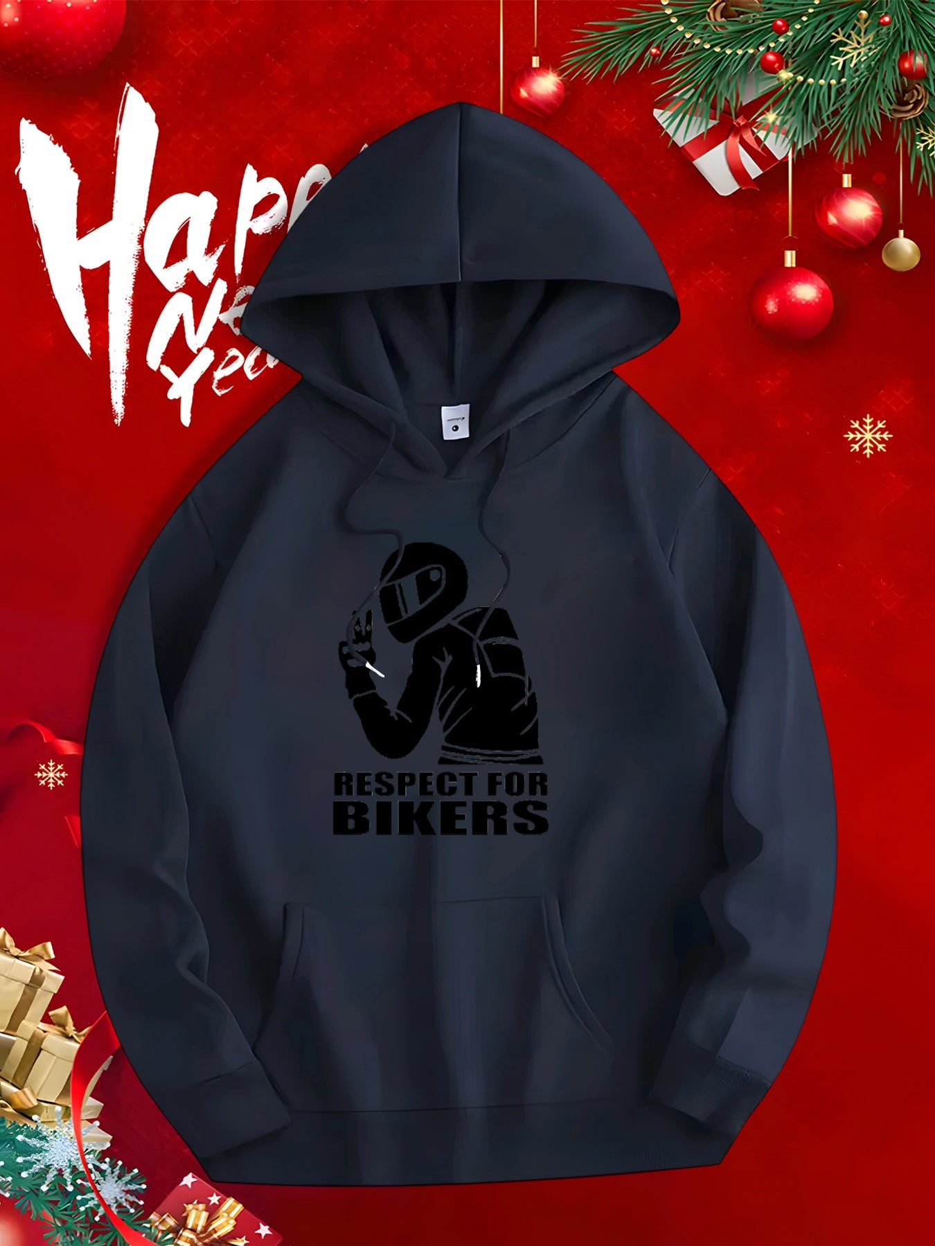 Tailorly Men's Printed Hoodie - Respect For Bikers Hand Gesture With Motorcycle Helmet And Dark Silhouette Biker