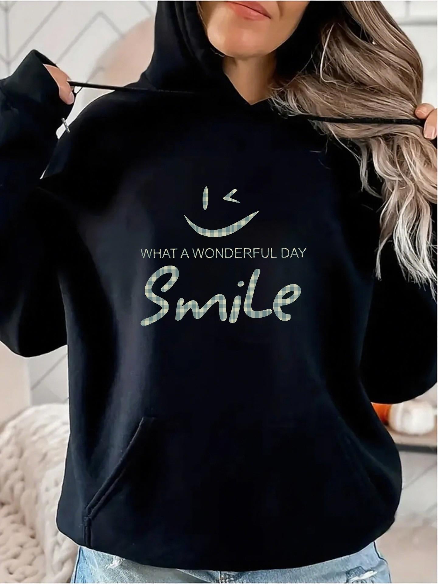 Tailorly Women's Printed Hoodie - What A Wonderful Day Smile With Minimalist Line Drawing Smiling Face