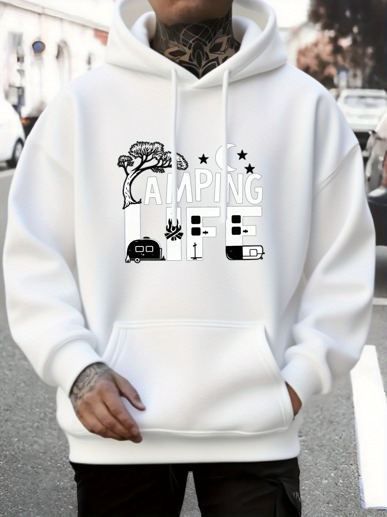 Tailorly Men's Printed Hoodie - Camping With Illustrated Trees Stars And Outdoor Equipment