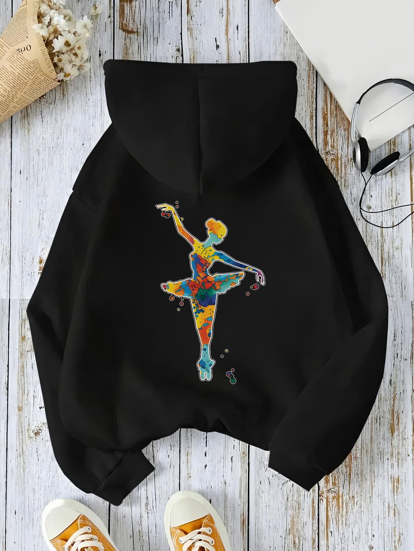 Tailorly Women's Printed Hoodie - Colorful Abstract Brushstroke Patterns With Dancing Elegant Ballerina Figure