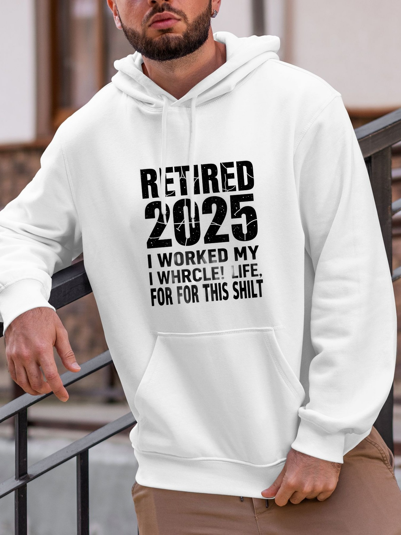 Tailorly Men's Printed Hoodie - Retired 2025 Grunge Print With Bold Lettering On White Hoodie