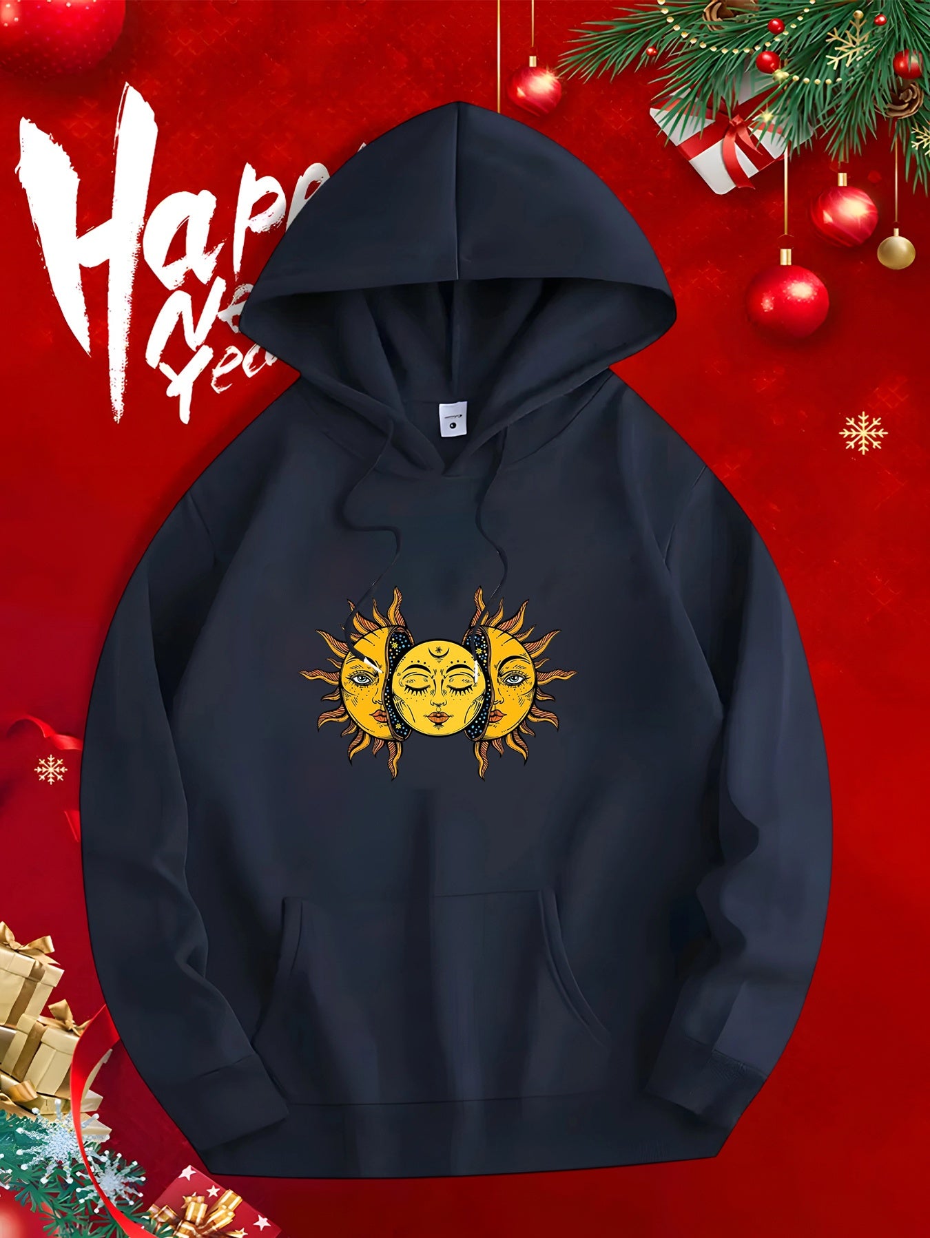 Tailorly Men's Printed Hoodie - Multiple Golden Celestial Faces Surrounded By Decorative Sunburst Patterns Sun