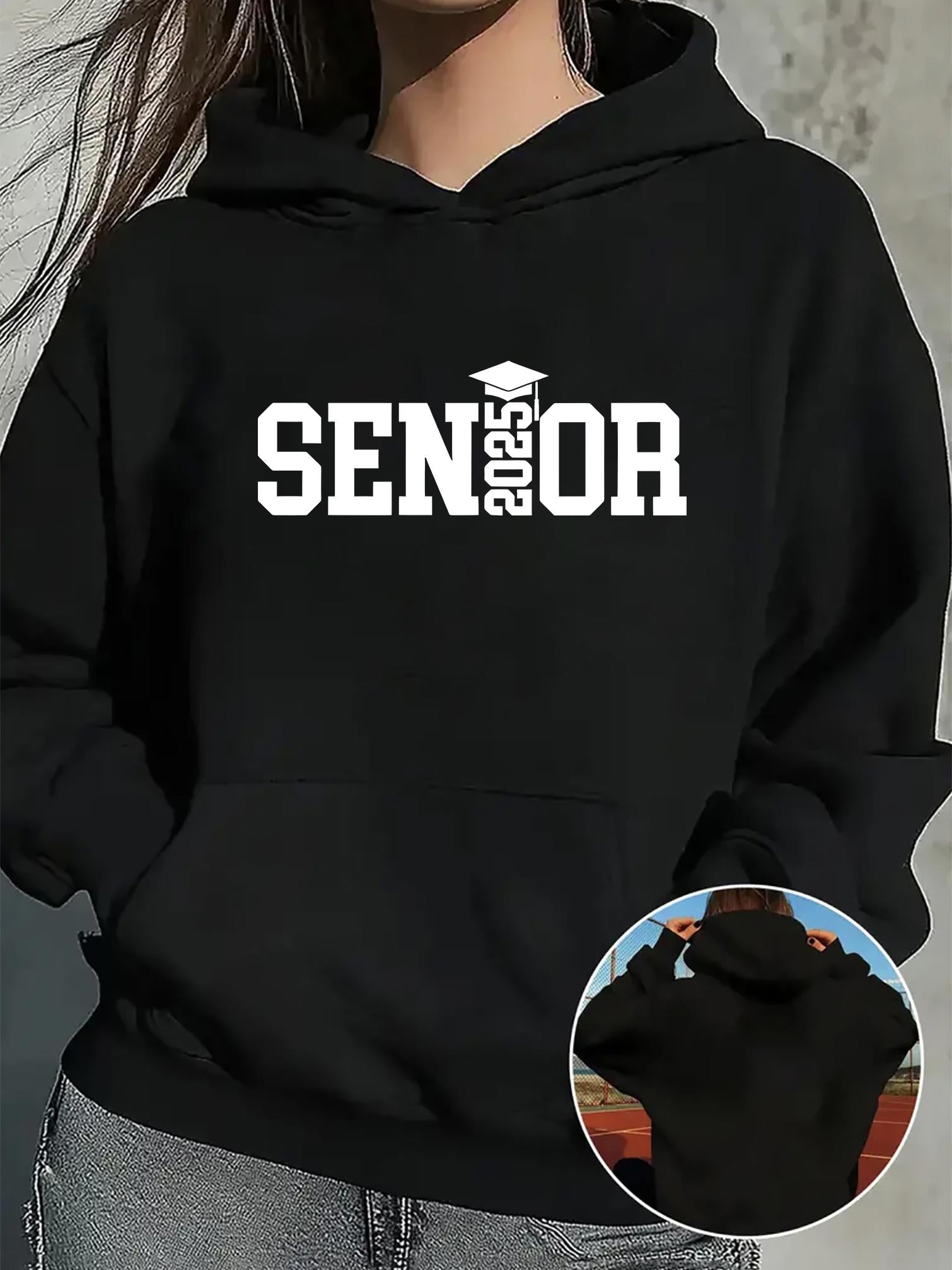 Tailorly Women's Printed Hoodie - Senior 2025 Graphic With Graduation Cap On Classic Black Hoodie