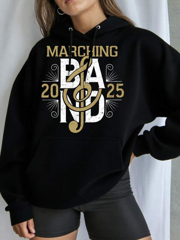 Tailorly Women's Printed Hoodie - Marching Band Bold Graphic Letters With Golden Musical Notes And Year Numbers Band