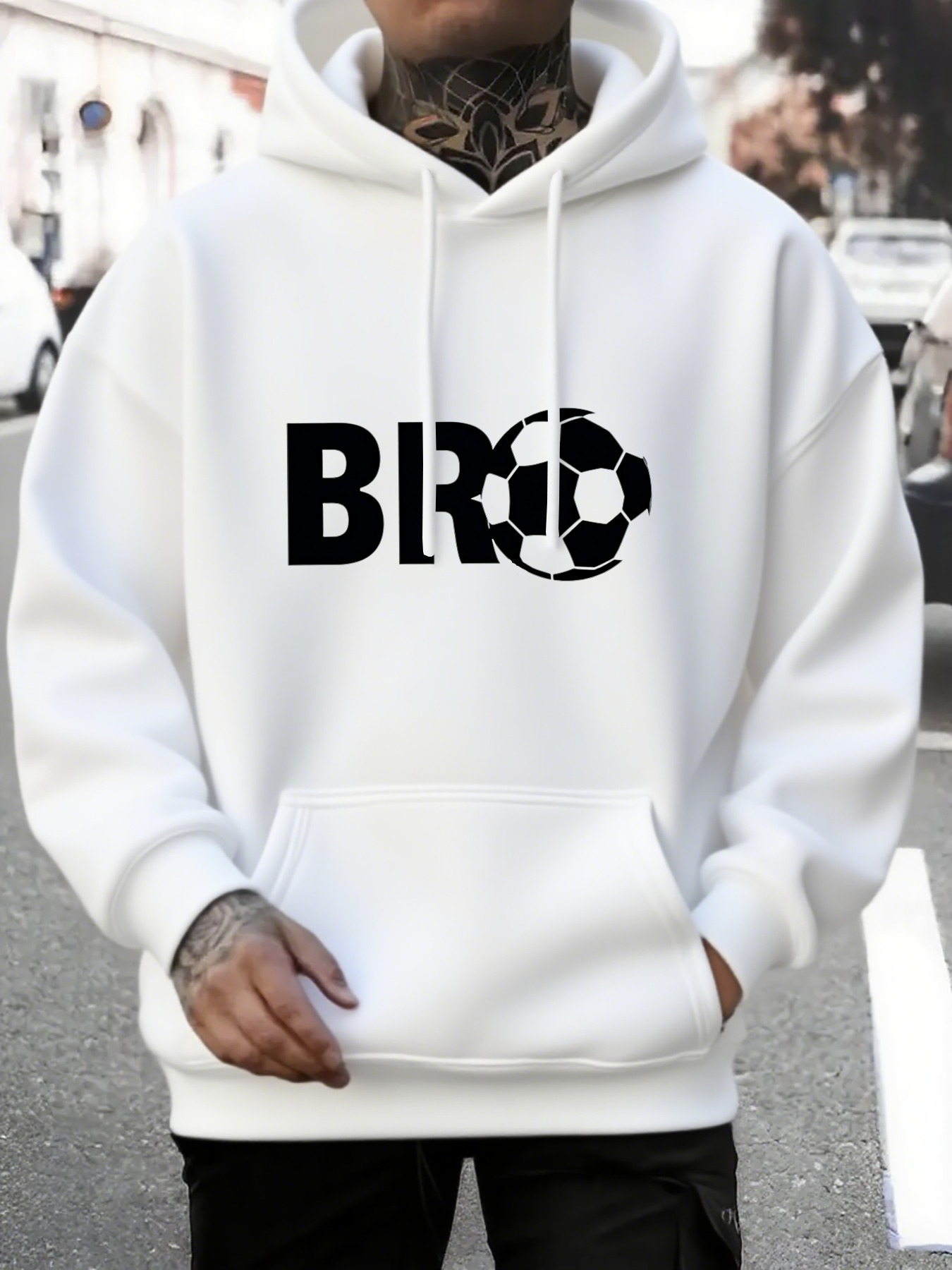Tailorly Men's Printed Hoodie - Bro Bold Text With Classic Black And White Soccer Ball Motif Hoodie