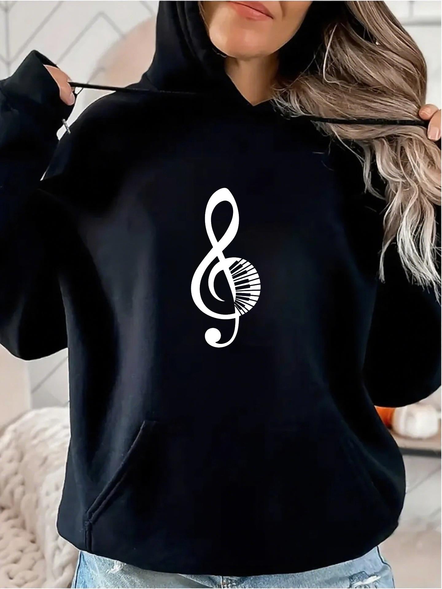 Tailorly Women's Printed Hoodie - Modern Music Treble Clef Notes With Piano Keys Black Hoodie