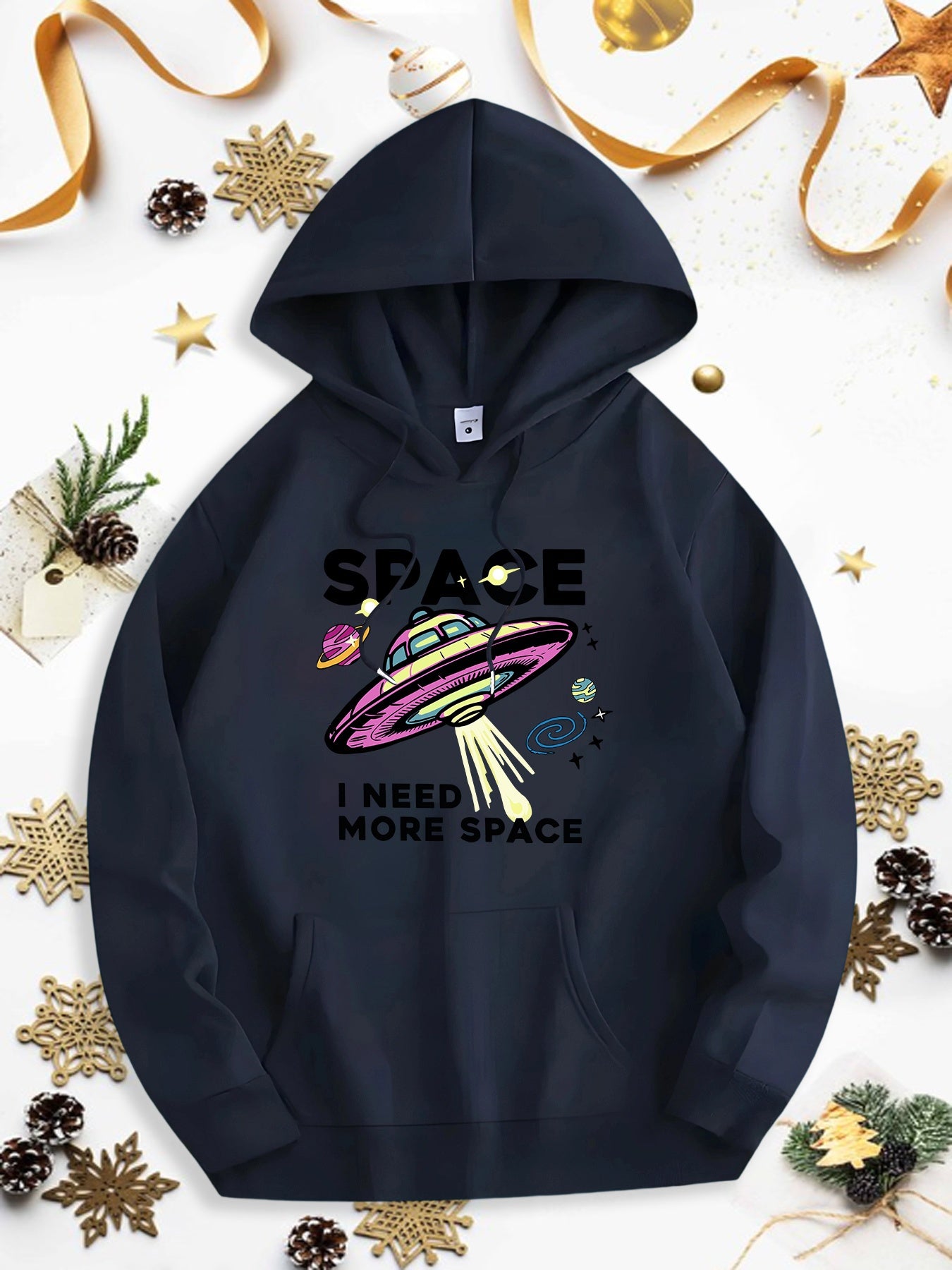 Tailorly Men's Printed Hoodie - Space I Need More Space Colorful Planets With Flying Saucer In Galaxy