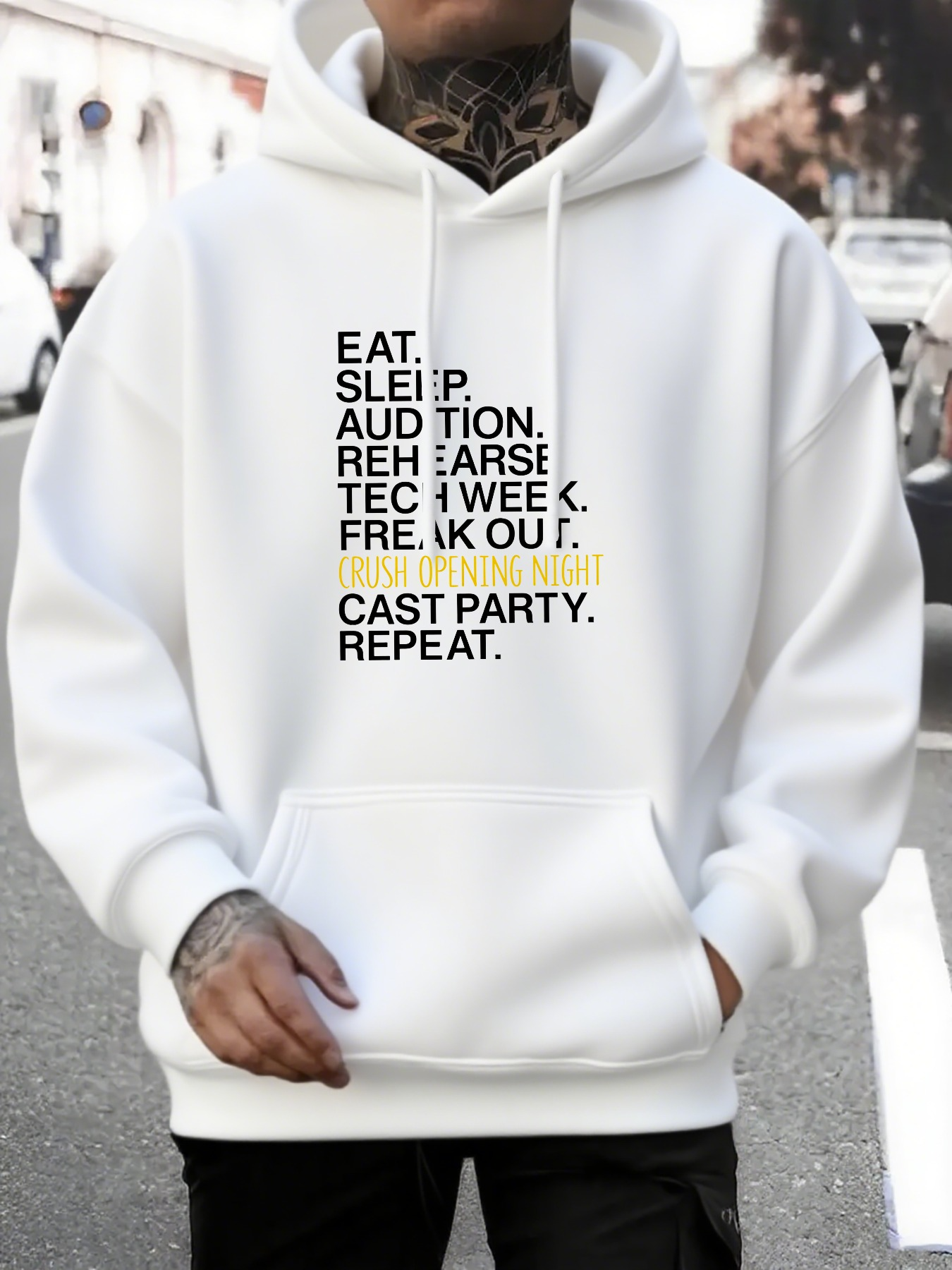 Tailorly Men's Printed Hoodie - Eat Sleep Audition Rehearse Tech Week Freak Out Cast Party Repeat Theater Hoodie