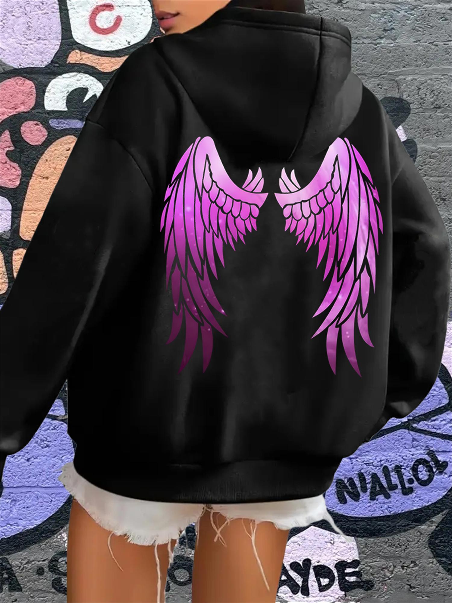 Tailorly Women's Printed Hoodie - Vivid Pink Ombre Angel Wings On Back Hoodie
