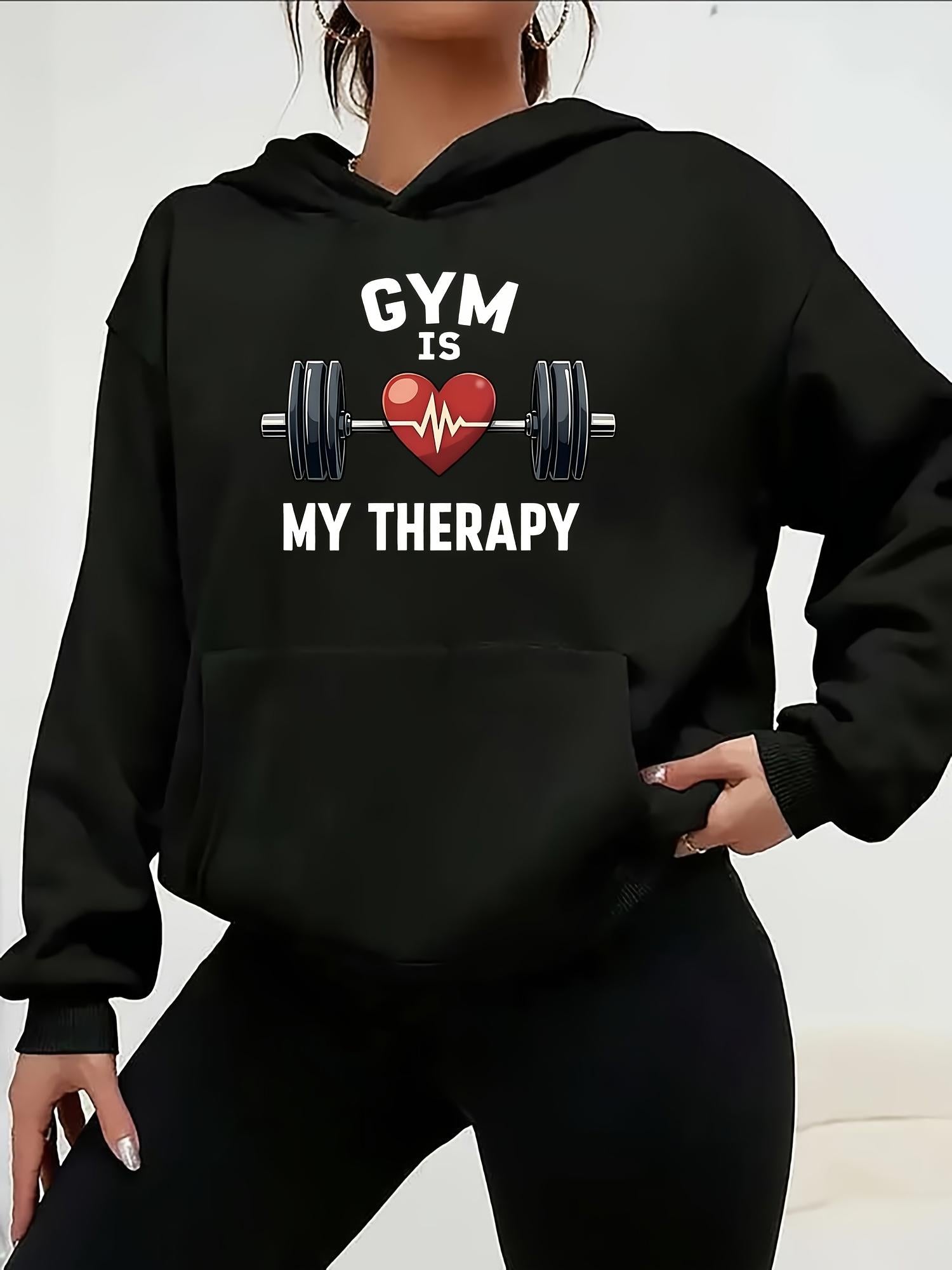 Tailorly Women's Printed Hoodie - Gym Is My Therapy With Red Heart And Barbell Surrounded By Pulse Symbol Hoodie