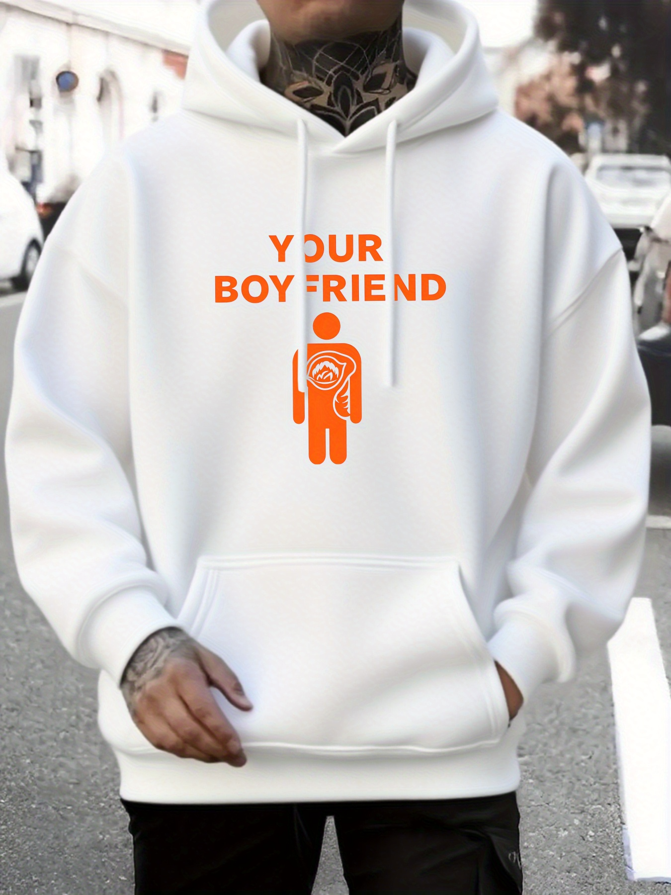 Tailorly Men's Printed Hoodie - Your Boyfriend Cartoon Outline With Bold Orange Letters Character