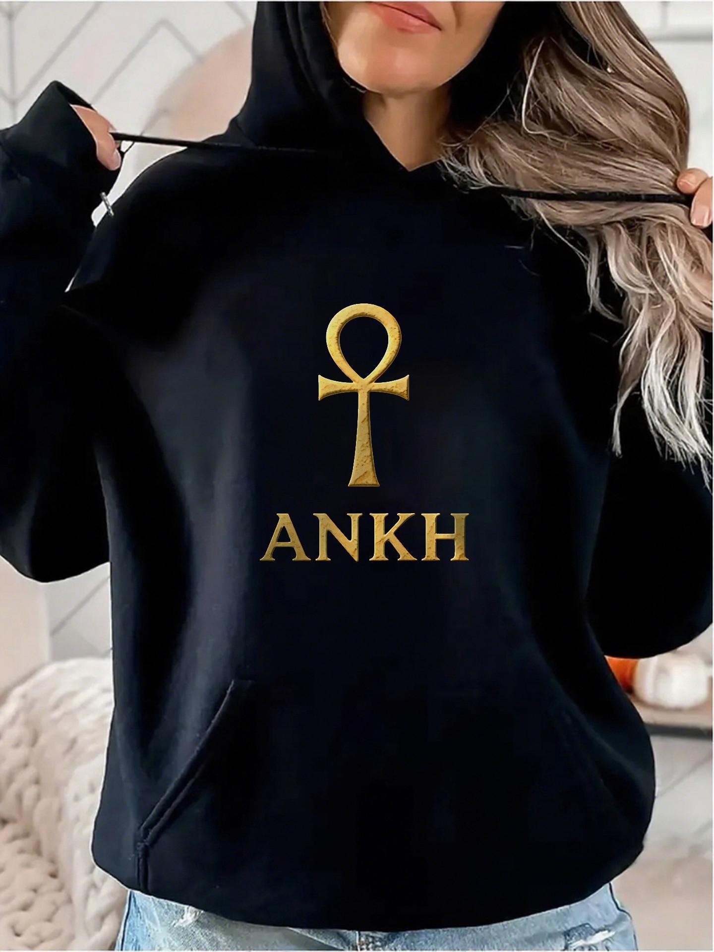 Tailorly Women's Printed Hoodie - Golden Egyptian Cross With Simple Lettering And Deep Black Mystical Ankh