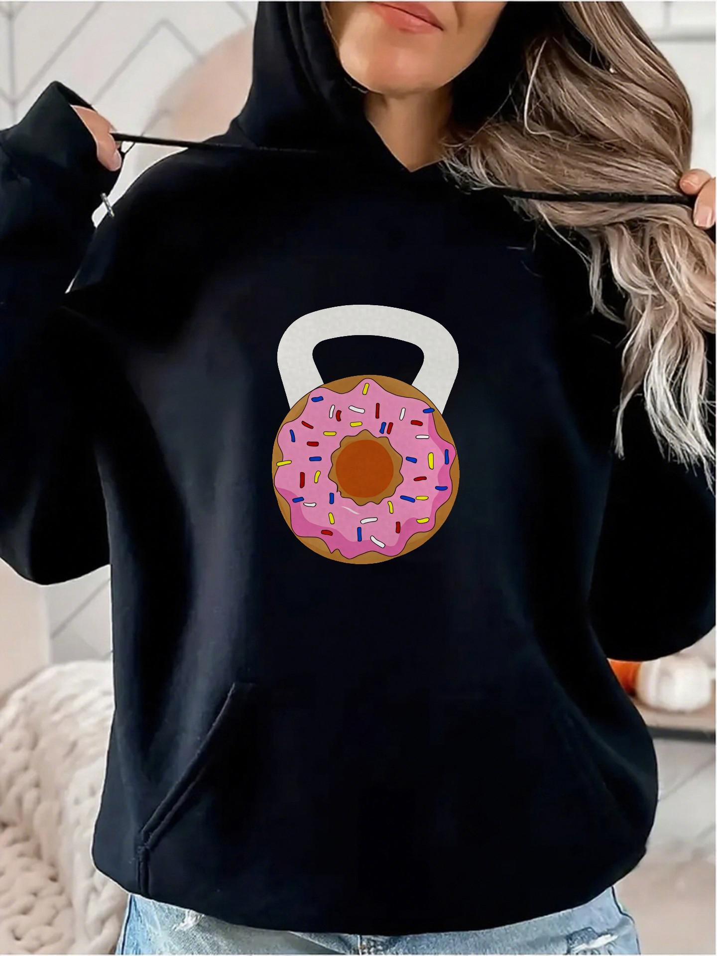 Tailorly Women's Printed Hoodie - Pink Frosted Donut With Sprinkles Embellishing Sturdy Workout Kettlebell