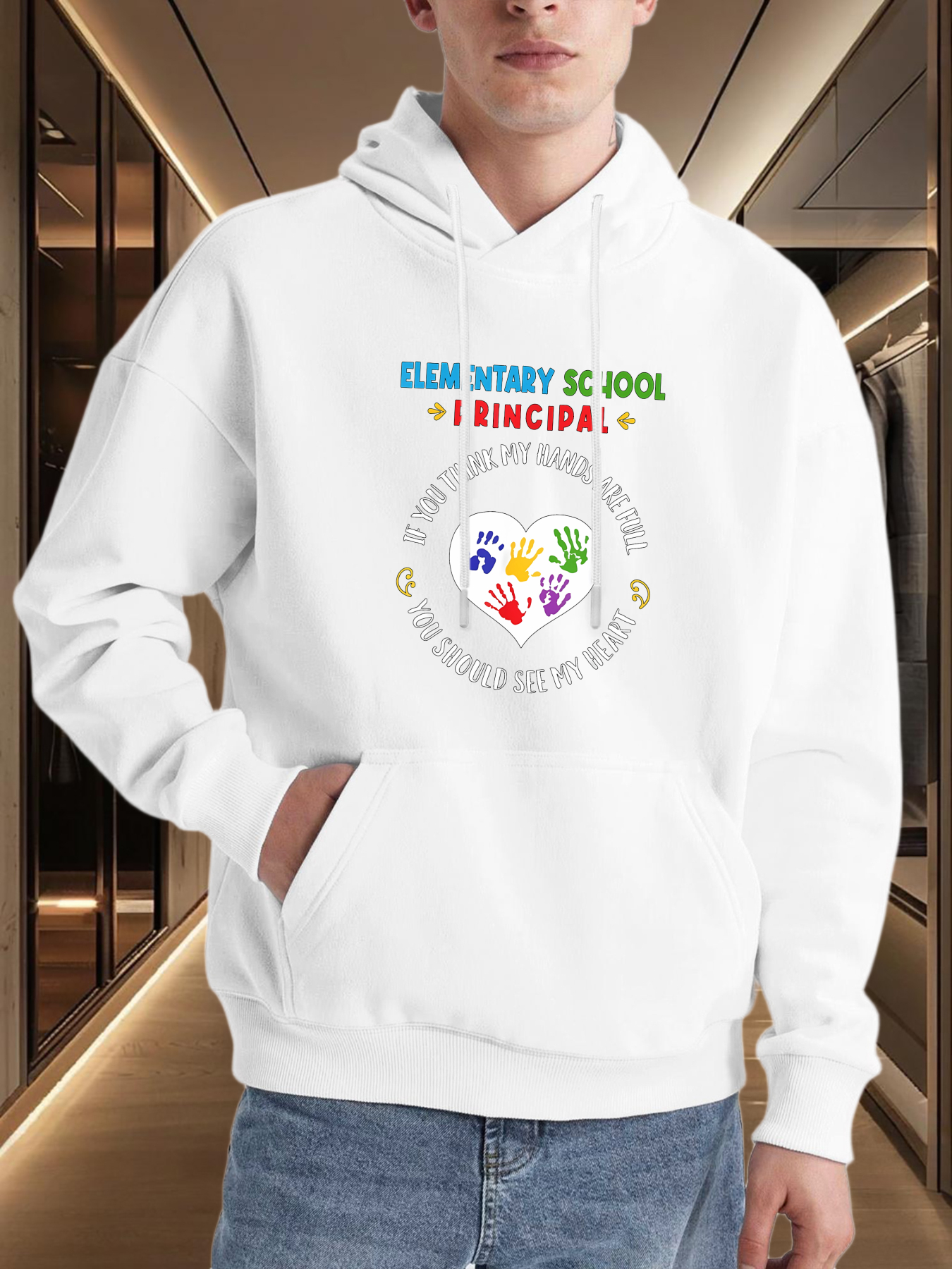 Tailorly Men's Printed Hoodie - Elementary School Inspiring Future Generations With Colorful Handprint Circle