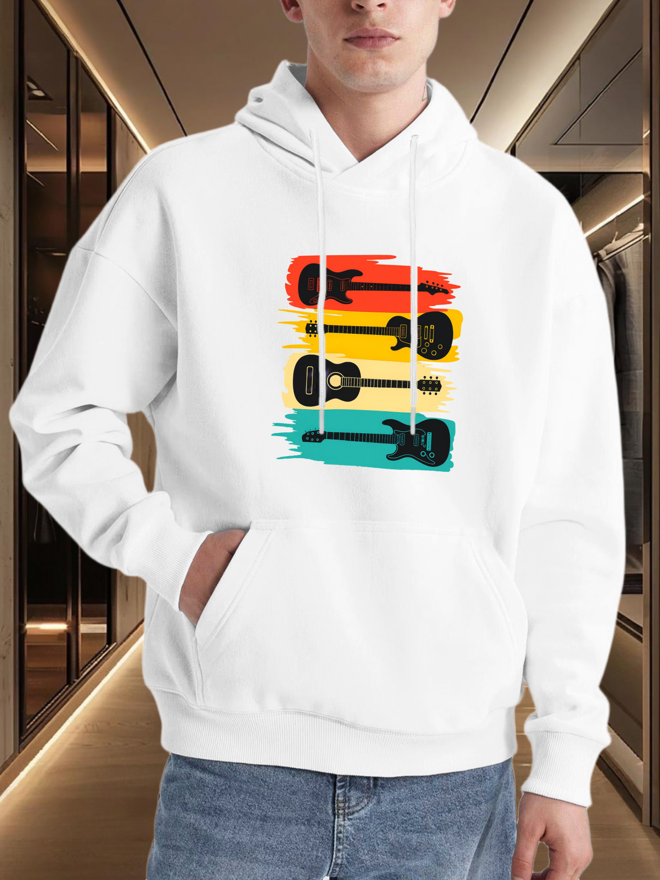 Tailorly Men's Printed Hoodie - Retro Painted Guitar Silhouettes With Colorful Brush Stroke Layers Hoodie