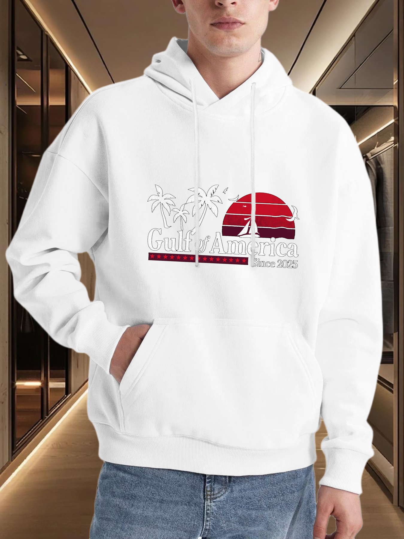 Tailorly Men's Printed Hoodie - Palm Trees And Setting Sun With Lines Over Horizon Beach