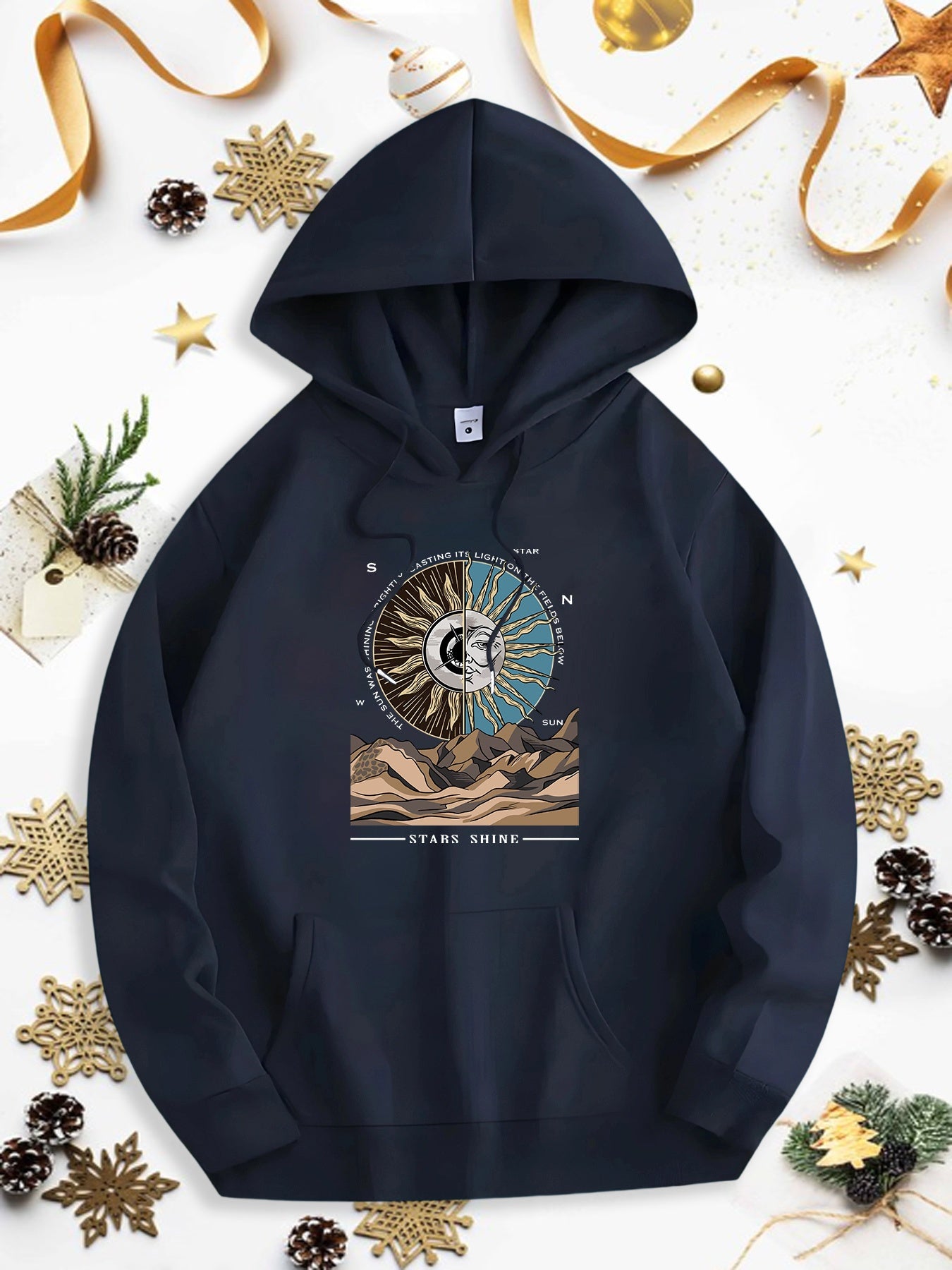 Tailorly Men's Printed Hoodie - Celestial Mountain Landscape With Sun Moon Phases Radiating Under Night Sky