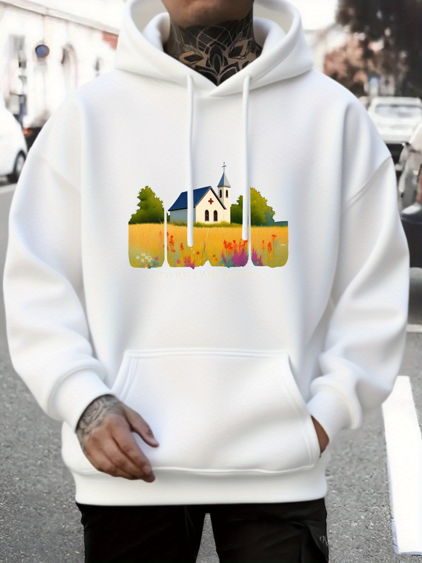 Tailorly Men's Printed Hoodie - Sunny Countryside With Wildflowers And Lush Green Trees Around A Quiet Church