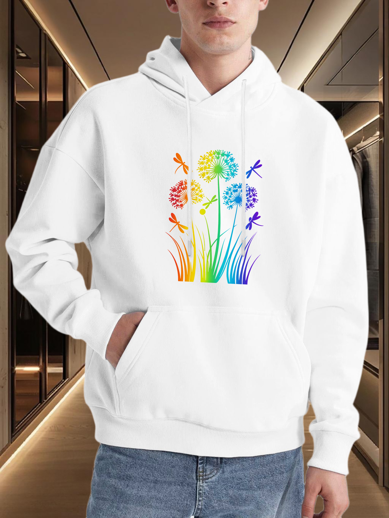 Tailorly Men's Printed Hoodie - Colorful Dandelion Silhouette With Flying Butterflies Among Rainbow Grass Dandelion