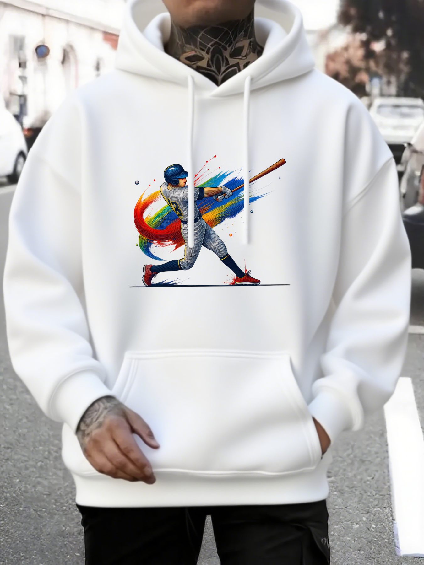 Tailorly Men's Printed Hoodie - Colorful Paint Splash Behind Dynamic Swinging Baseball Player