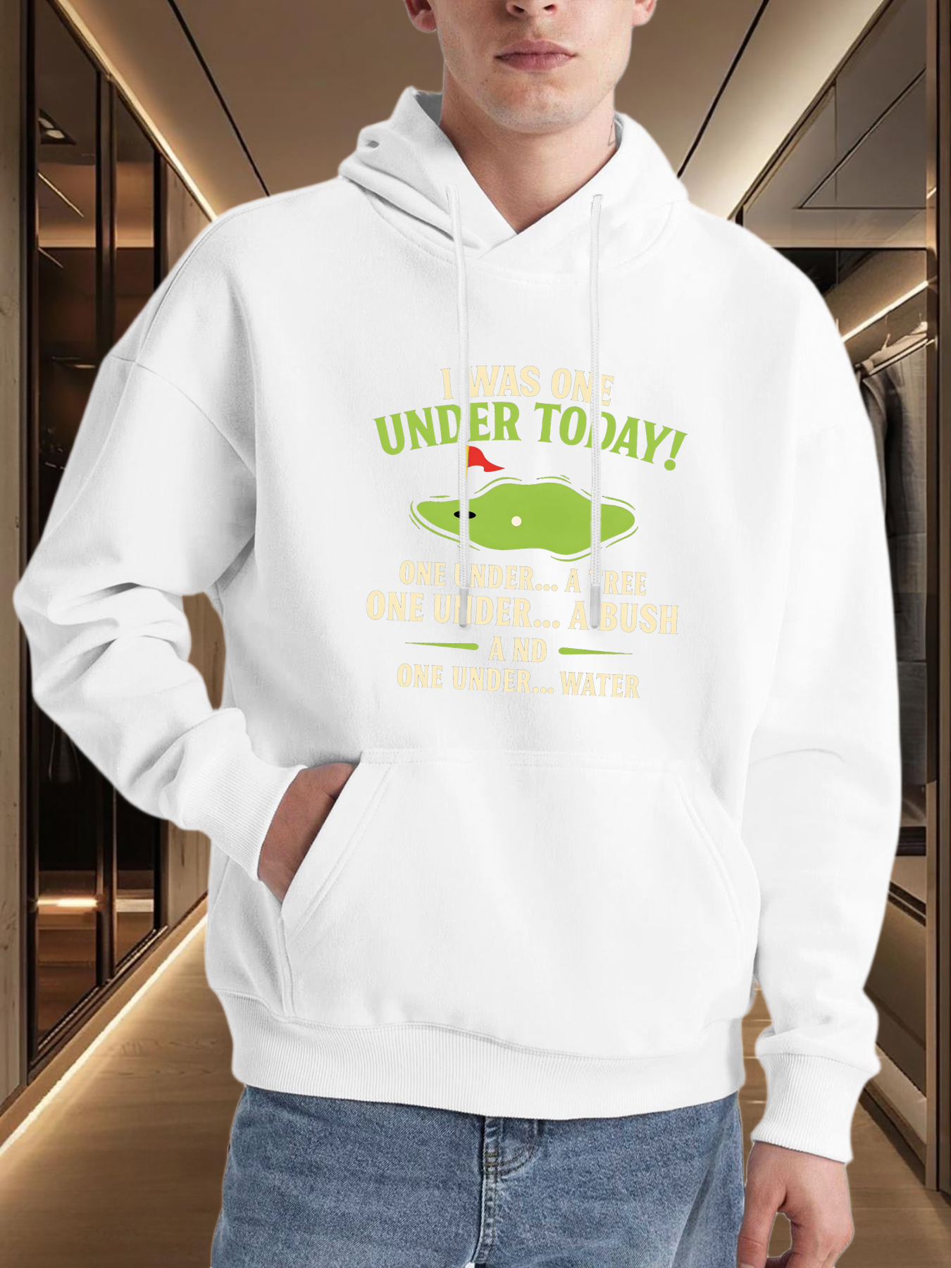 Tailorly Men's Printed Hoodie - Under Today With Sunny Green Golf Course And Red Flag Hole