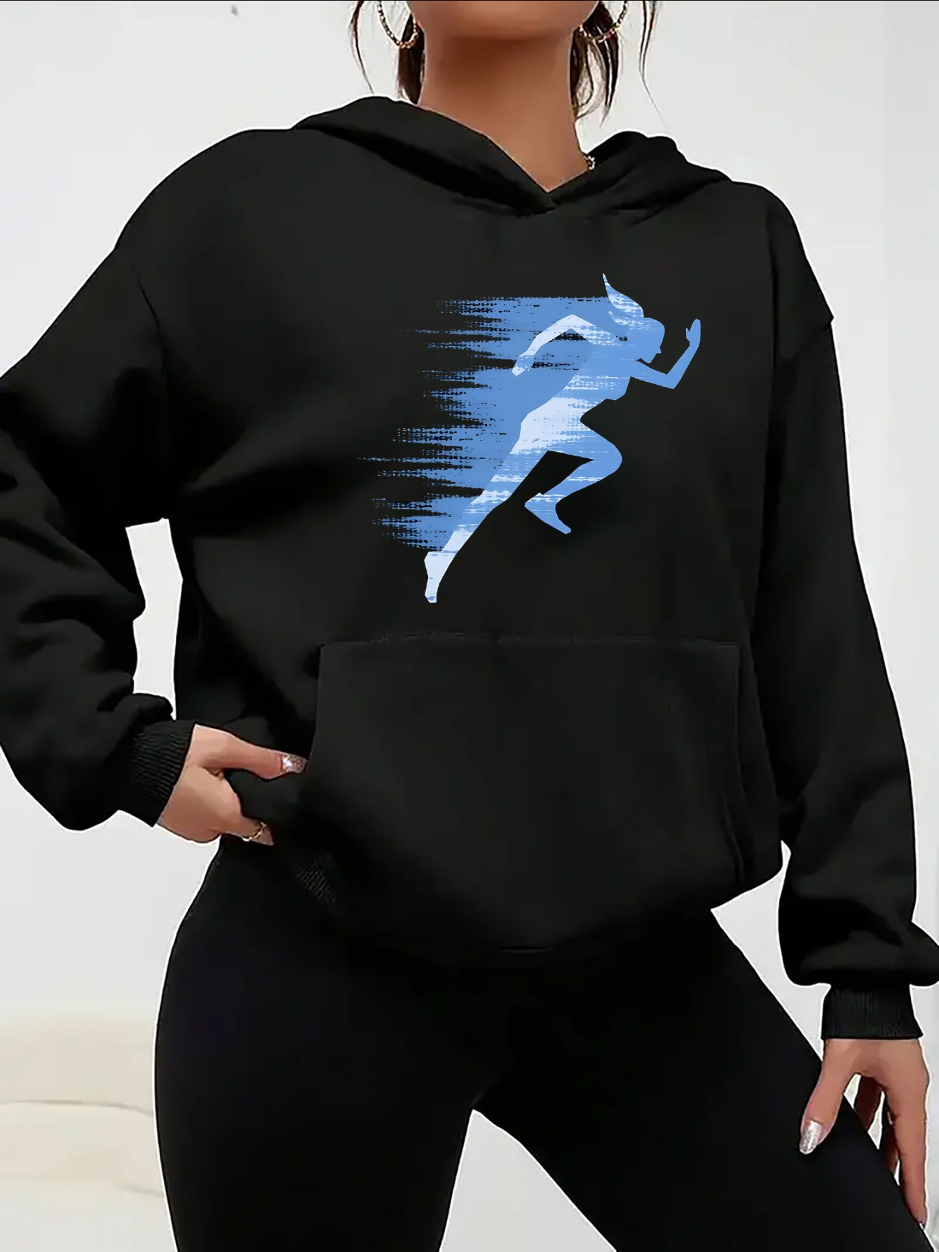 Tailorly Women's Printed Hoodie - Dynamic Blue Streaks Racing Among Abstract Motion Runner