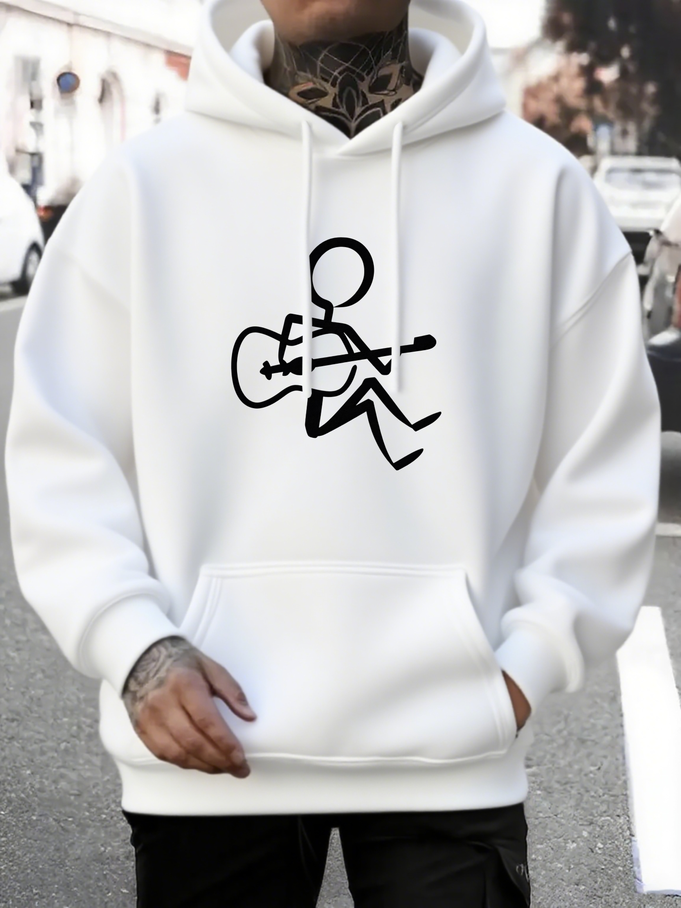 Tailorly Men's Printed Hoodie - Minimalist Street Art Inspired Figure Playing Guitar