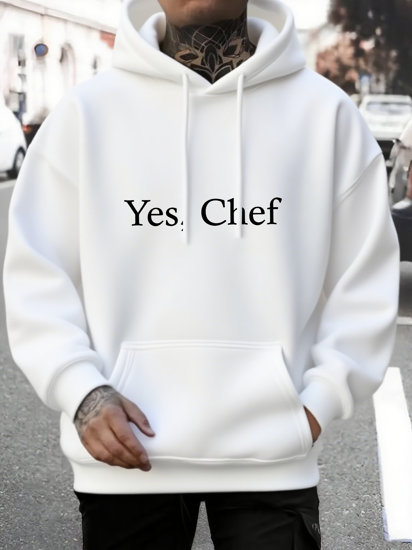Tailorly Men's Printed Hoodie - Yes Chef Plain White Hoodie With Minimalist Lettering Statement