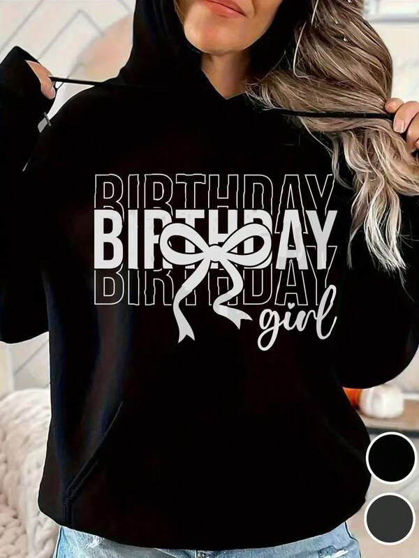 Tailorly Women's Printed Hoodie - Birthday Girl With Bold White Ribbon Pattern Overlapping Letters