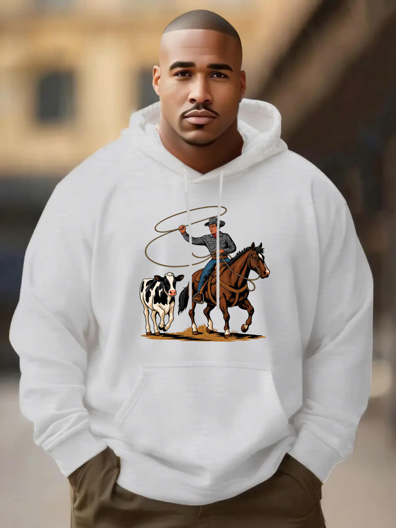 Tailorly Men's Printed Hoodie - Western Rodeo Cowboy With Lasso Riding Horse Chasing Cattle
