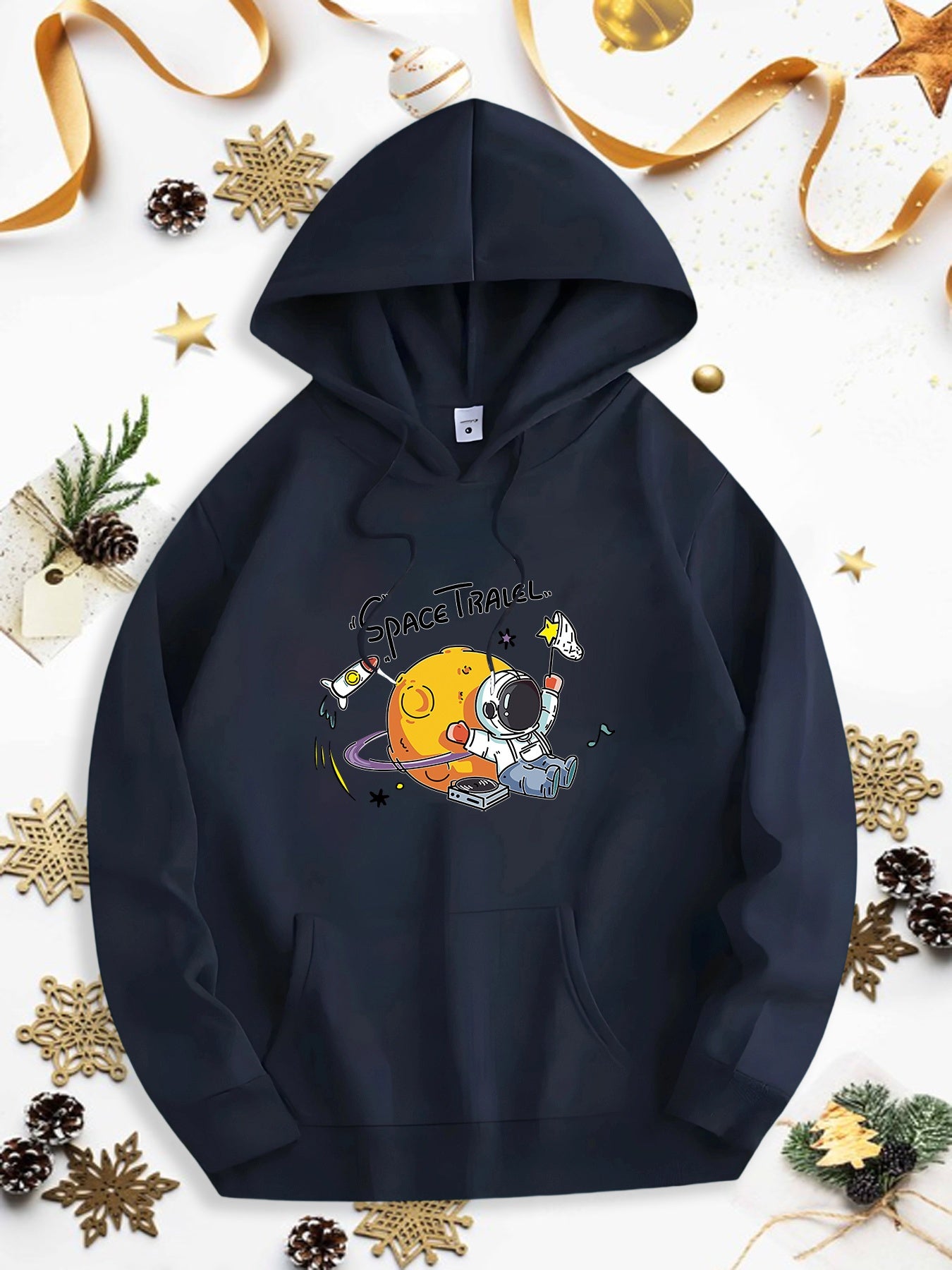 Tailorly Men's Printed Hoodie - Cute Astronaut Floating With Guitar Notes Happy Planet