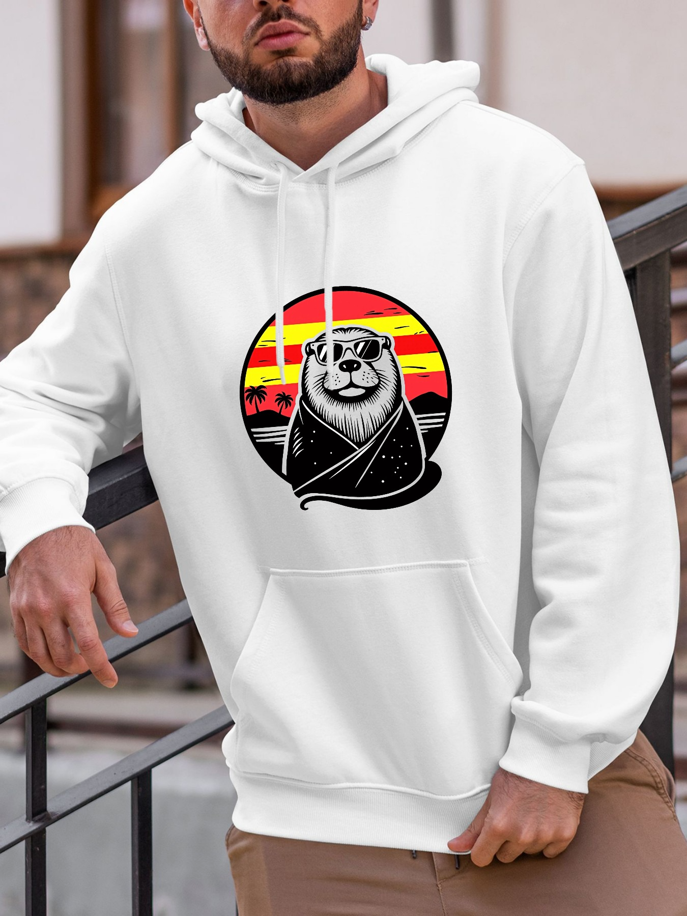 Tailorly Men's Printed Hoodie - Retro Sunset With Cool Bear Wearing Sunglasses Hoodie