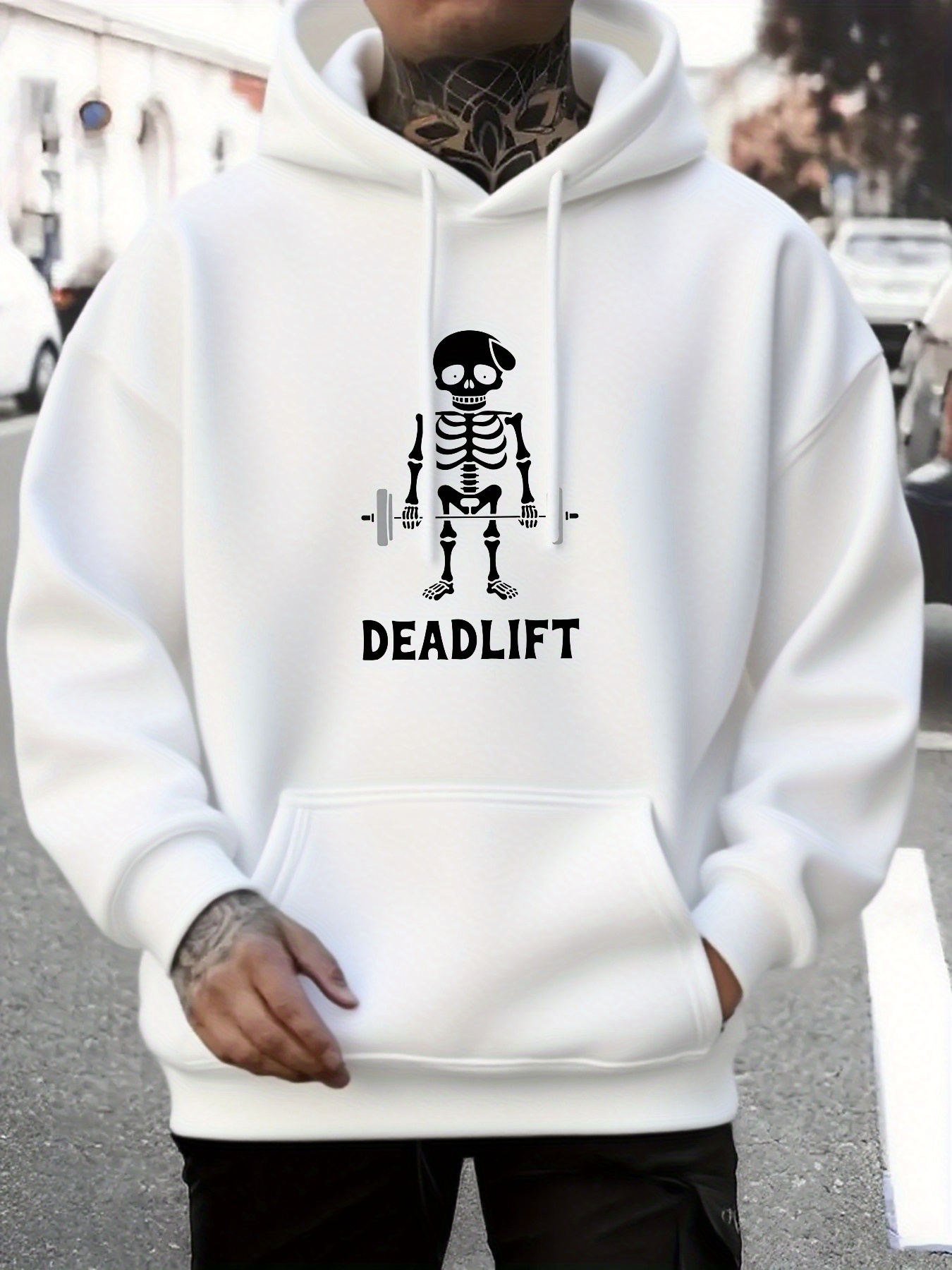 Tailorly Men's Printed Hoodie - Deadlift Cartoon Lifting Barbell Skeleton Wearing Beret Hoodie